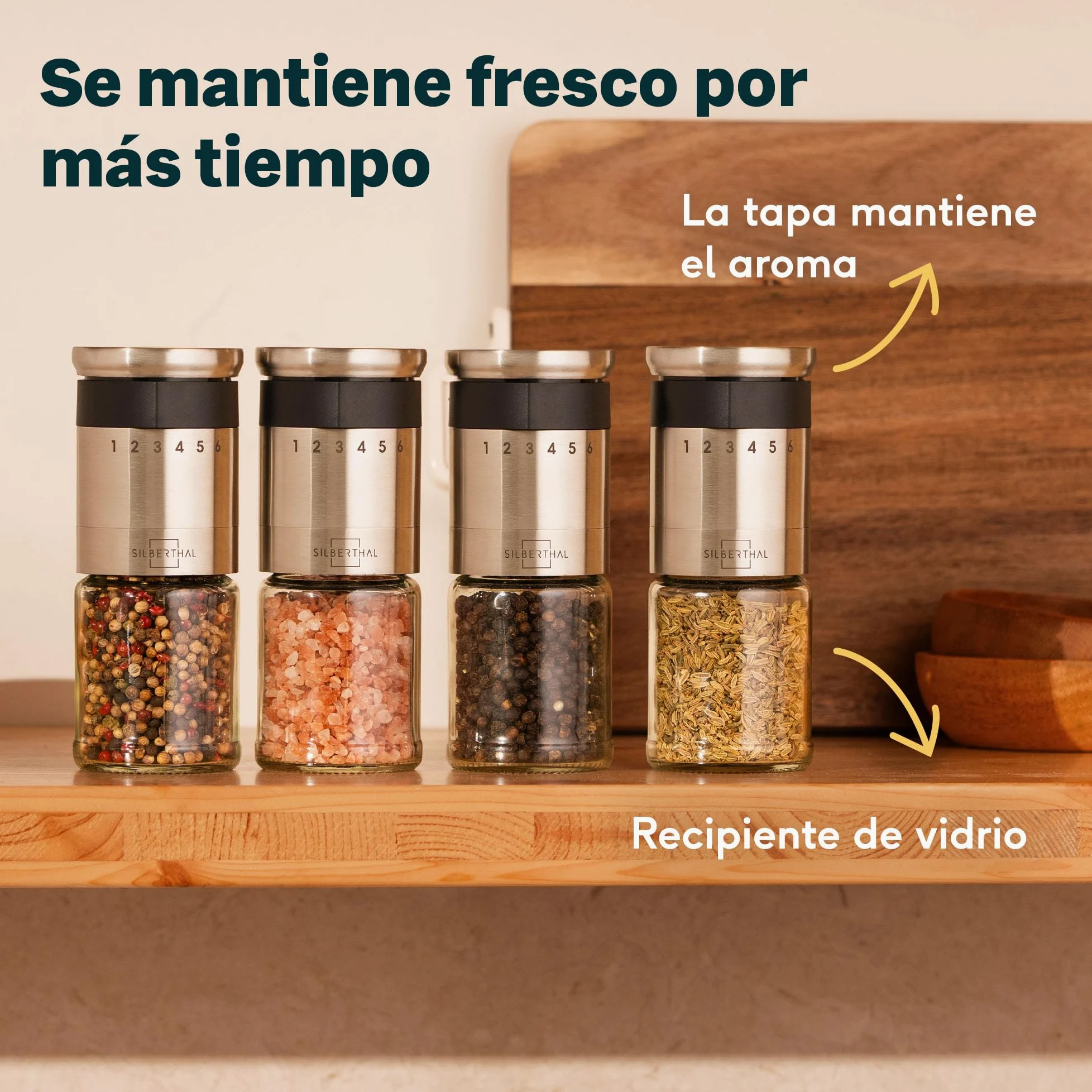 SILBERTHAL Molinillo de pimienta y sal - Ajustable a 6 niveles - Muela cerámica - Tapa hermética y cristal apto para lavavajillas