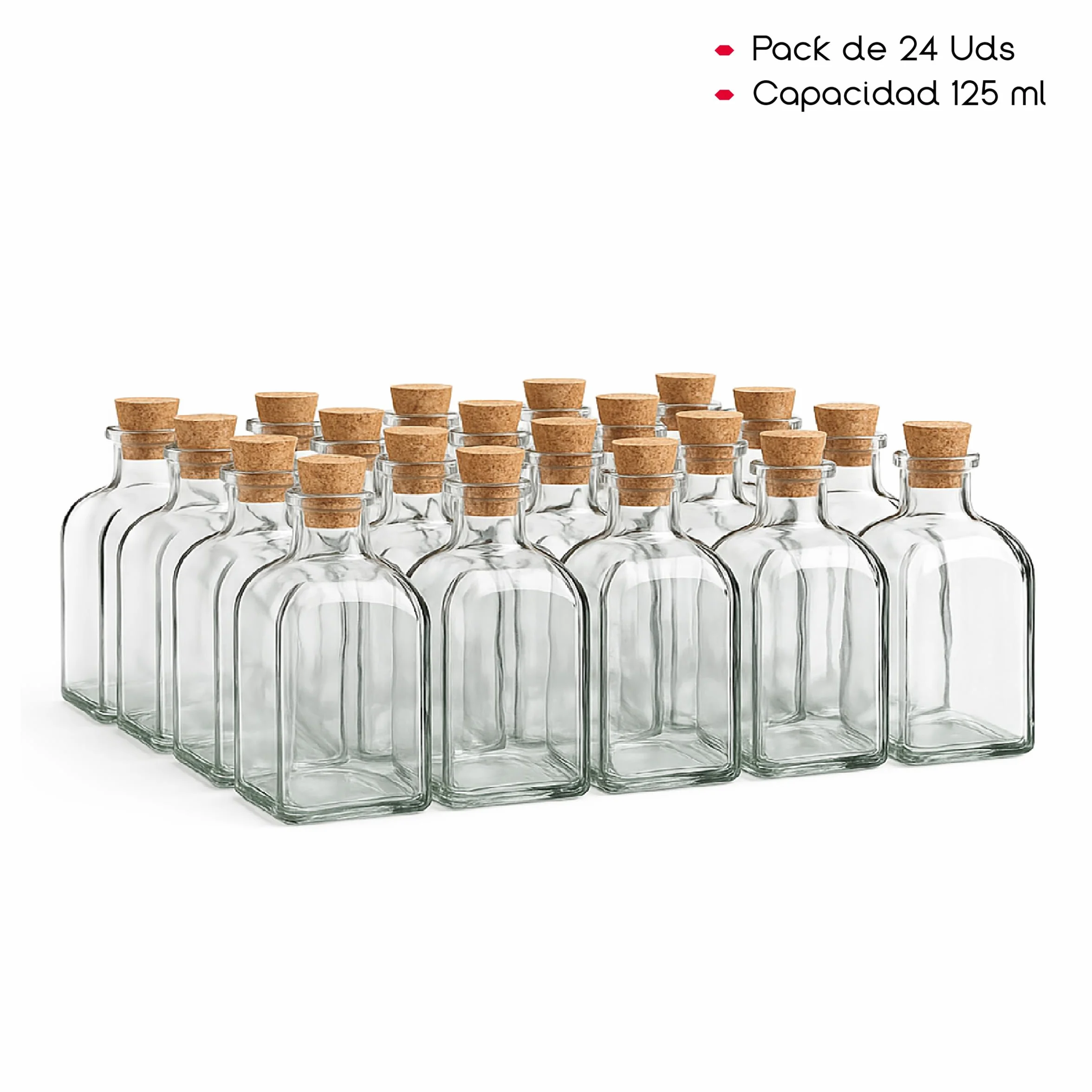 Botella de Cristal Frasca Pack 24 Frascos de Vidrio con Tapon de Corcho Transparente 125 ml