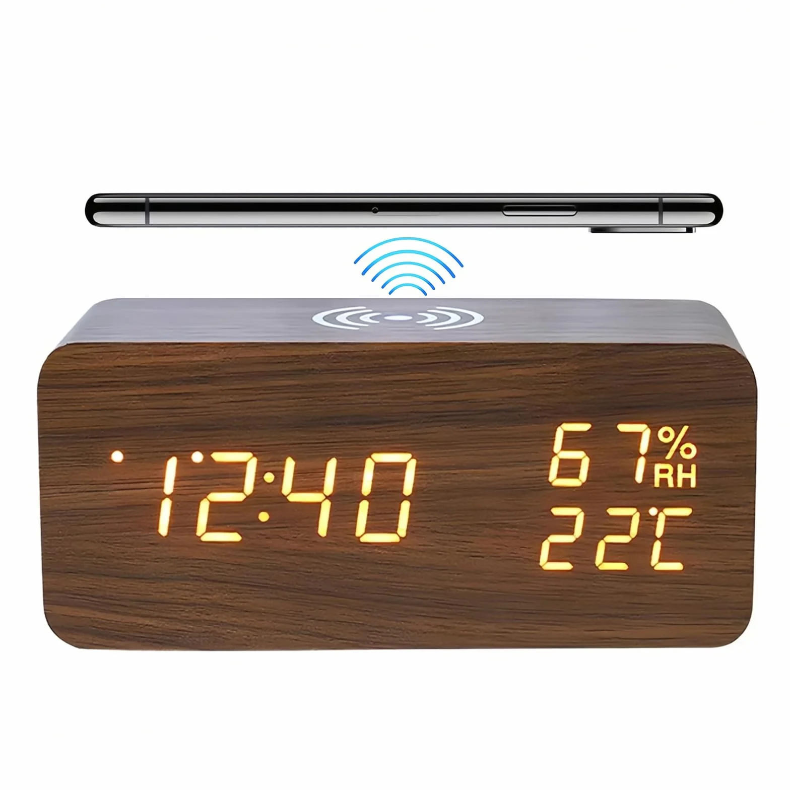 Reloj Despertador Digital con Carga Inalámbrica LED Pantalla de Temperatura y Humedad 3 Alarmas Brillo Ajustable Control de Sonido para Dormitorio Casa Oficina (Marrón)