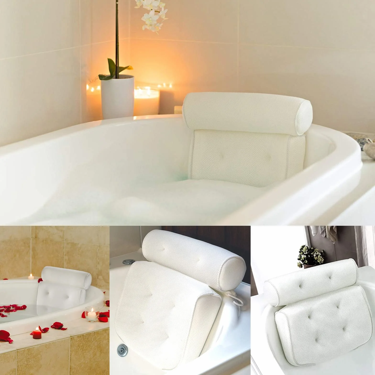 Almohada de Baño, Almohada de Bañera con 6 Ventosas Antideslizantes y 1 Gancho, Almohada de Bañera de SPA Suave de Malla 3D, Almohadas de Baño para Soporte de Cuello y Espalda de Bañera
