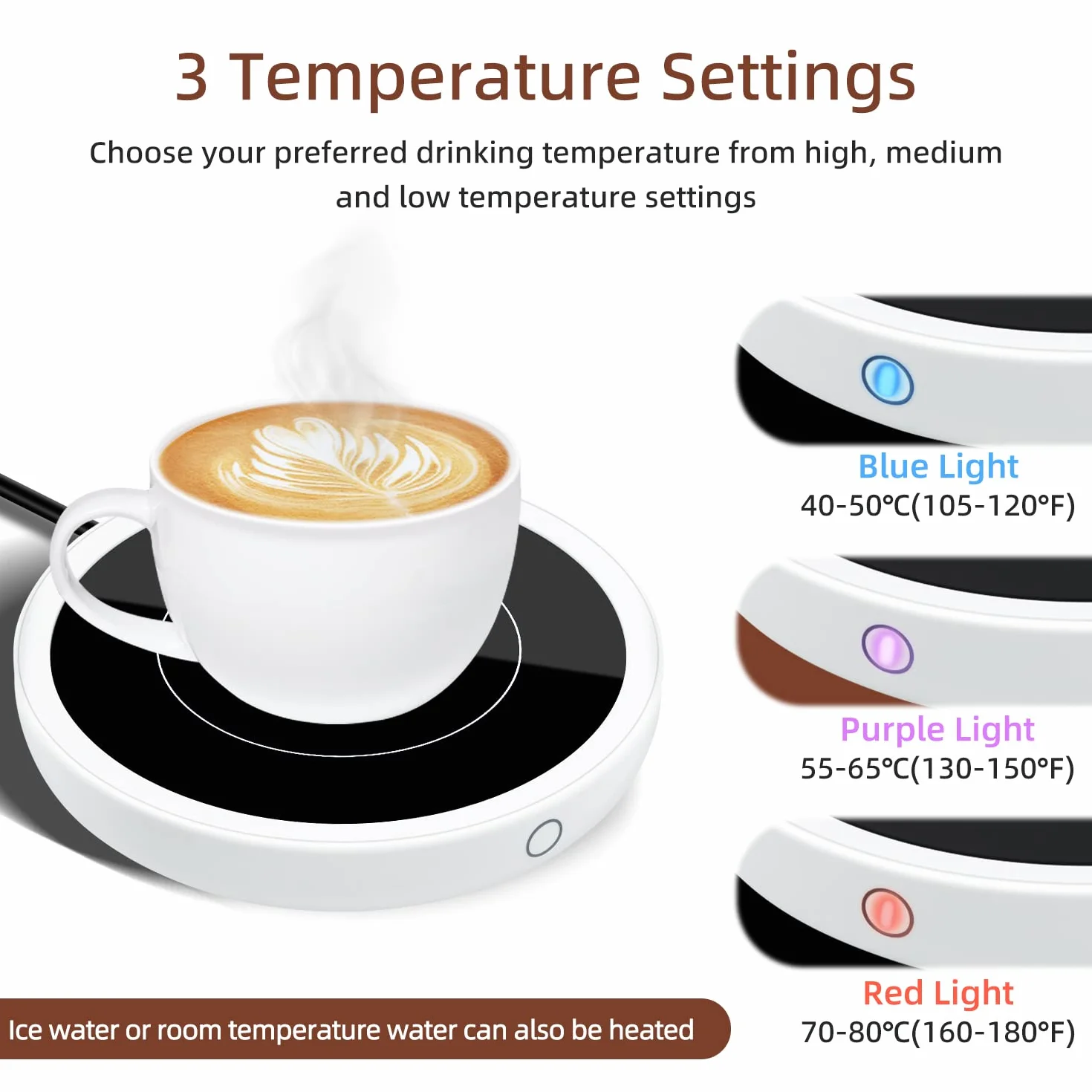 Mcbazel Calentador de Tazas de Café Eléctrico Inteligente 3 Ajustes de Temperatura 176°F 80℃ Botón Táctil Indicador Luminoso