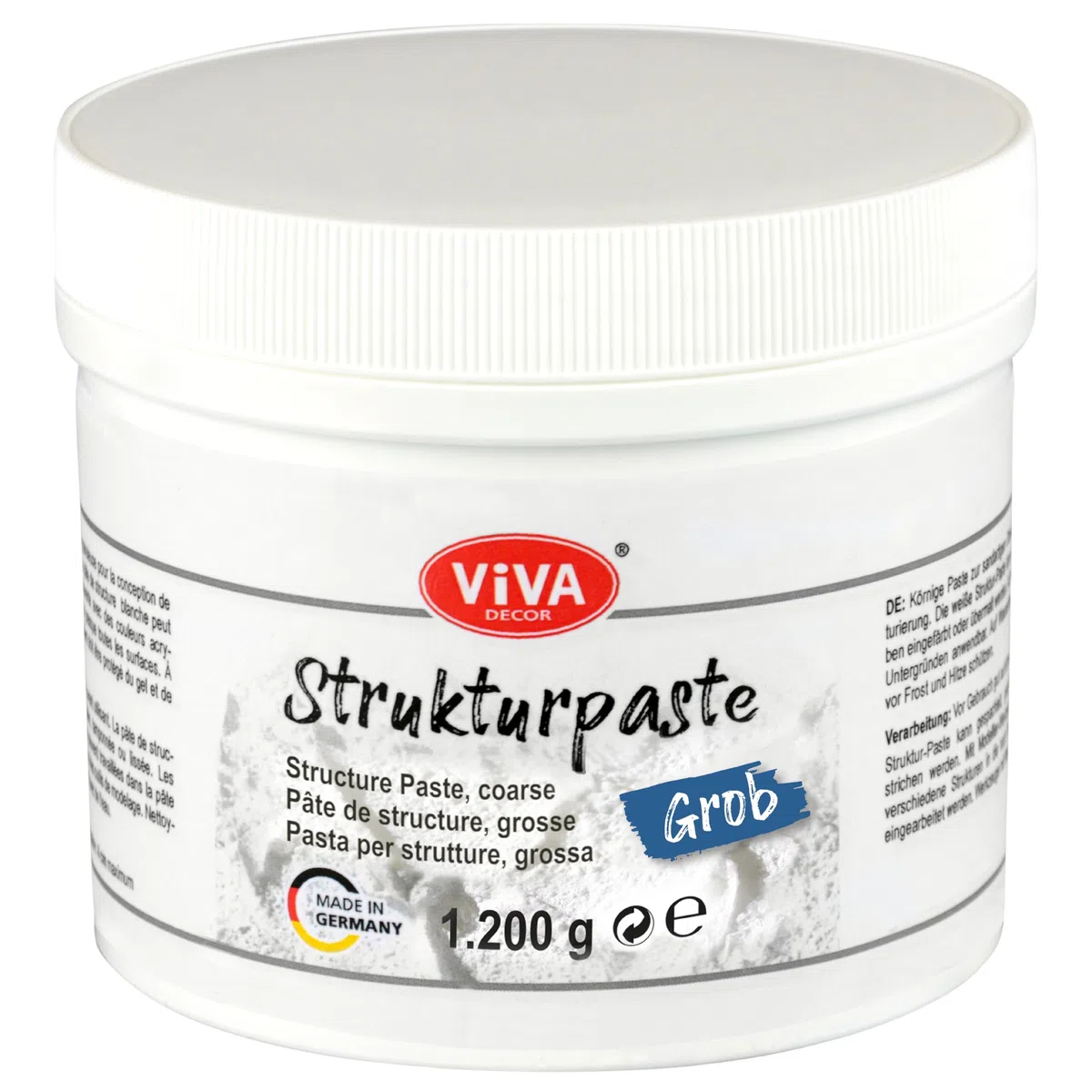 Viva Decor® Pasta texturizada gruesa (1200 g color blanco) mate pasta granulada a base de agua para estructura de superficies en relieve hasta plástico para creadores y artistas Fabricado en Alemania