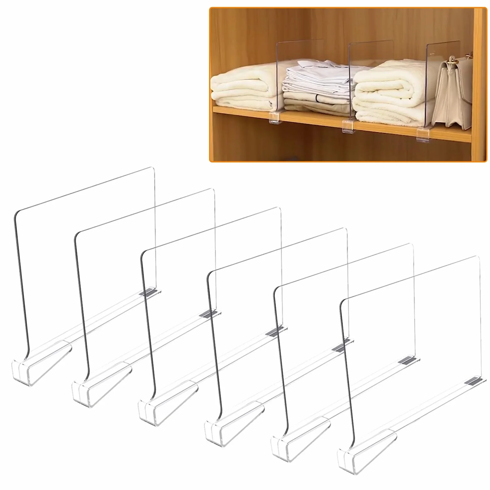 6 Pcs Separadores Acrílico Transparente, Estantería Organizador Armario Interior, Separador Almacenamiento Vertical, Estantes Organización Ropa para Dormitorio, Cocina, Librerías, Oficinas, Cajones