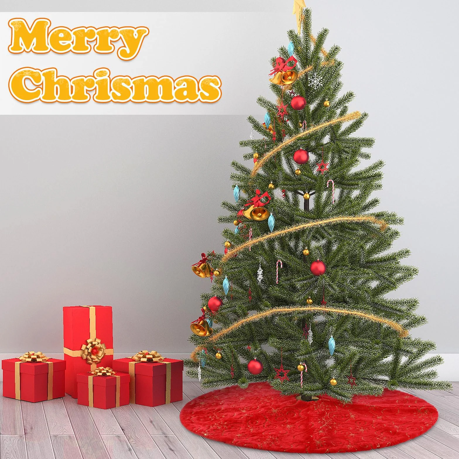 CITÉTOILE Falda de árbol de Navidad de Piel Sintética con Dorado Lentejuelas de Copo de Nieve, Falda Redonda árbol Navidad, Alfombra para Decoración Navideña, Rojo, S