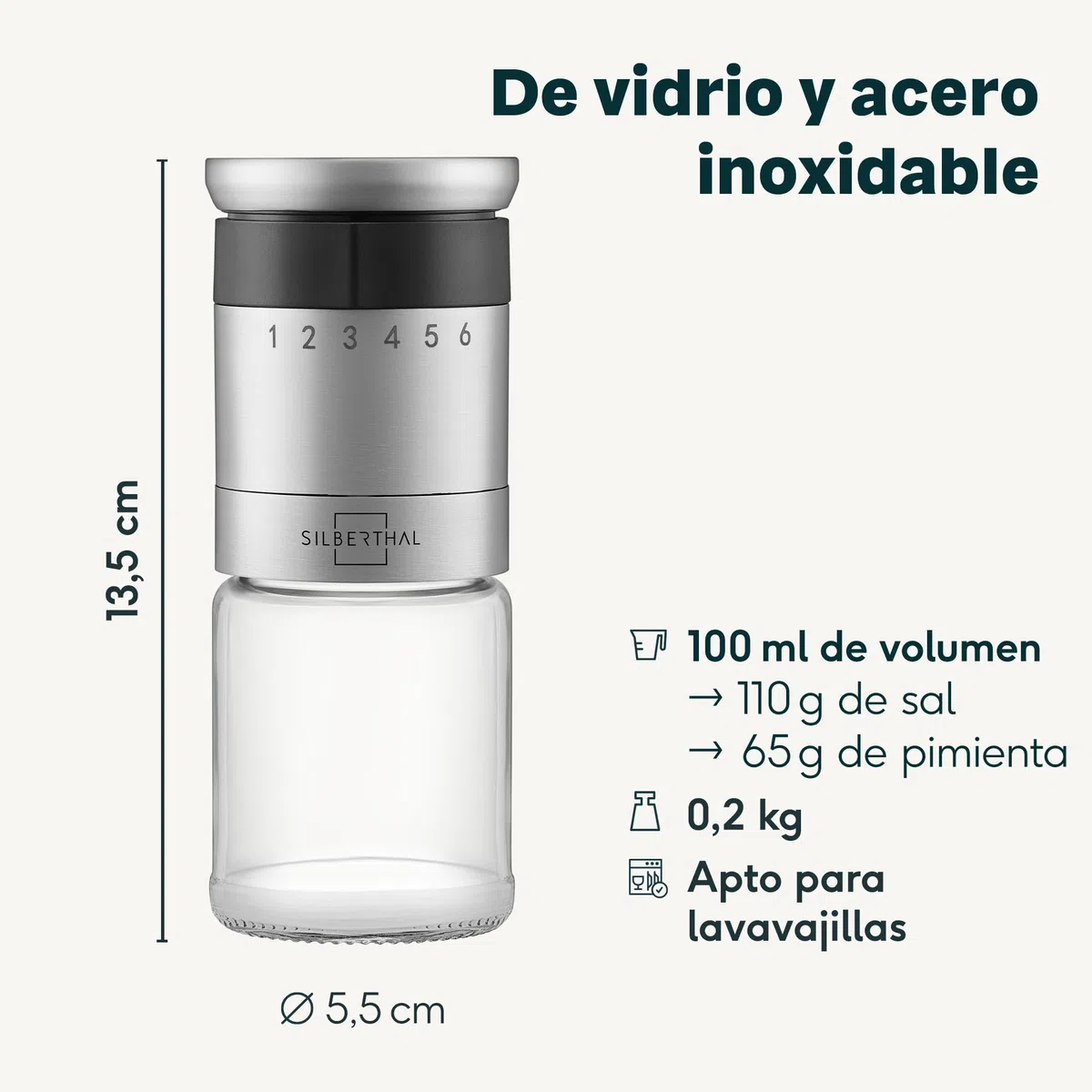 SILBERTHAL Molinillo de pimienta y sal - Ajustable a 6 niveles - Muela cerámica - Tapa hermética y cristal apto para lavavajillas