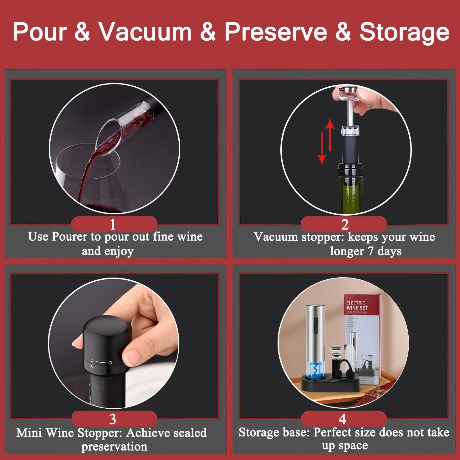 ZOYIDOUX Abridor de vino eléctrico recargable 7 en 1 de acero inoxidable Juego de regalo,Sacacorchos eléctrico con base,Cortador,Tapón de vacío de silicona,Tapón para vino,Vertedor,Línea USB