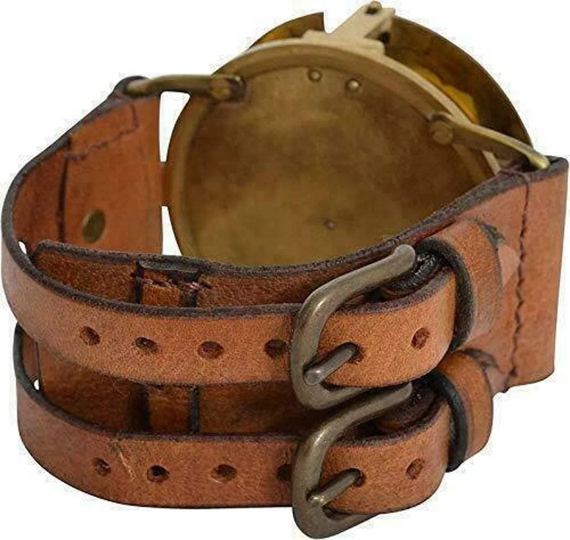 reloj Pulsera de latón estilo steampunk antiguo con brújula y reloj de sol, colección hecha a mano, pulsera de cuero, náutica, marrón antiguo, 6