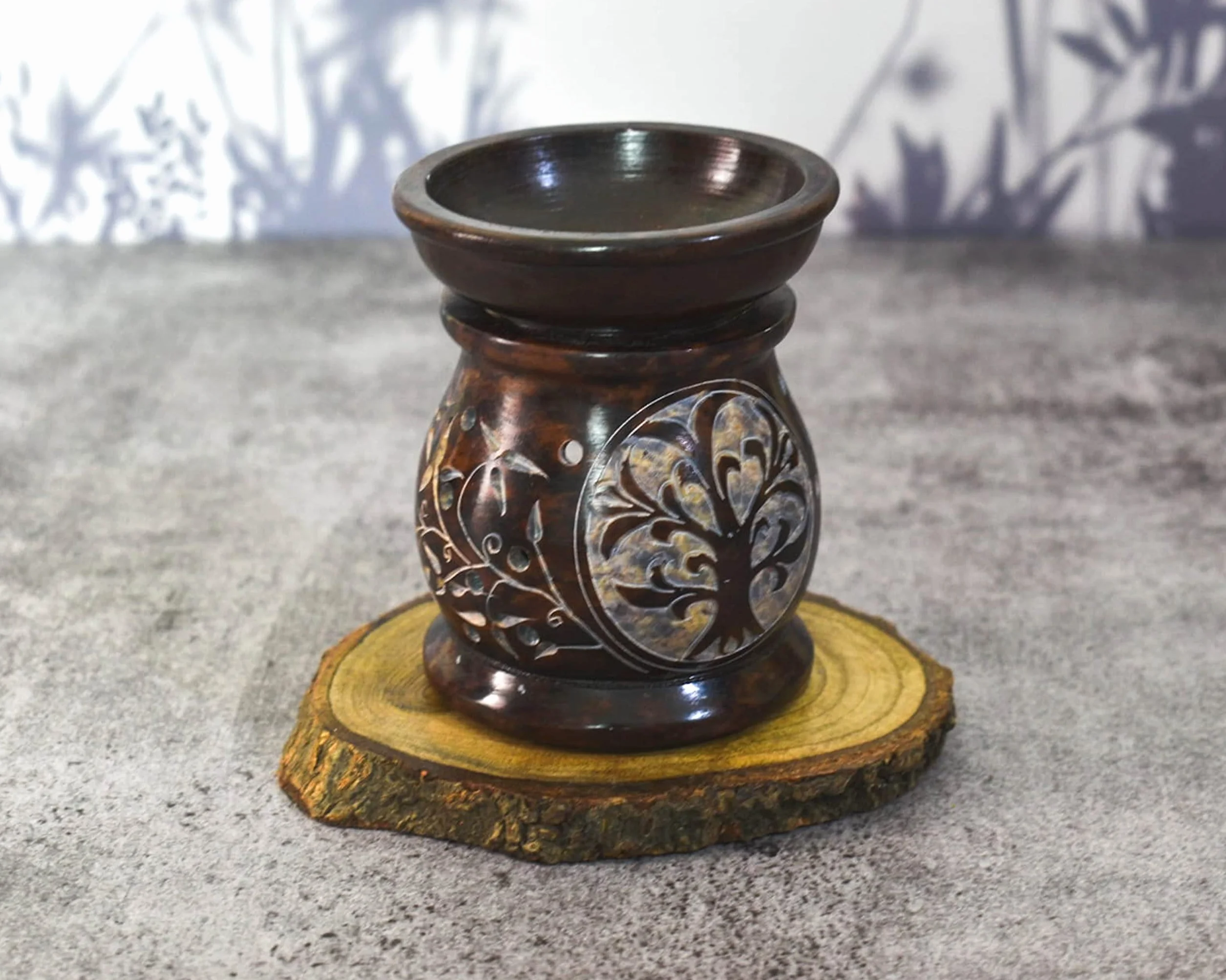Difusor de Aroma Quemador de Aceite, Soporte para Velas de té de esteatita, Trabajo Jali Tallado a Mano, esteatita, para aromaterapia (Tree of Life)