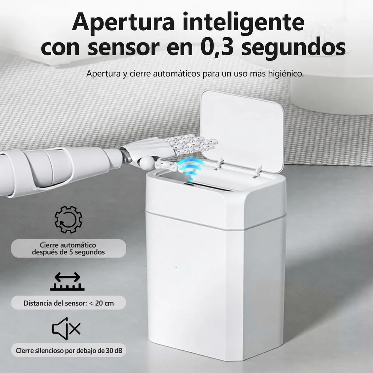 Cubo de basura automático de 12 l con sensor – Cubo de basura eléctrico con tapa para cocina, baño, inodoro – Resistente al agua y a los olores, diseño exclusivo de esquinas en blanco