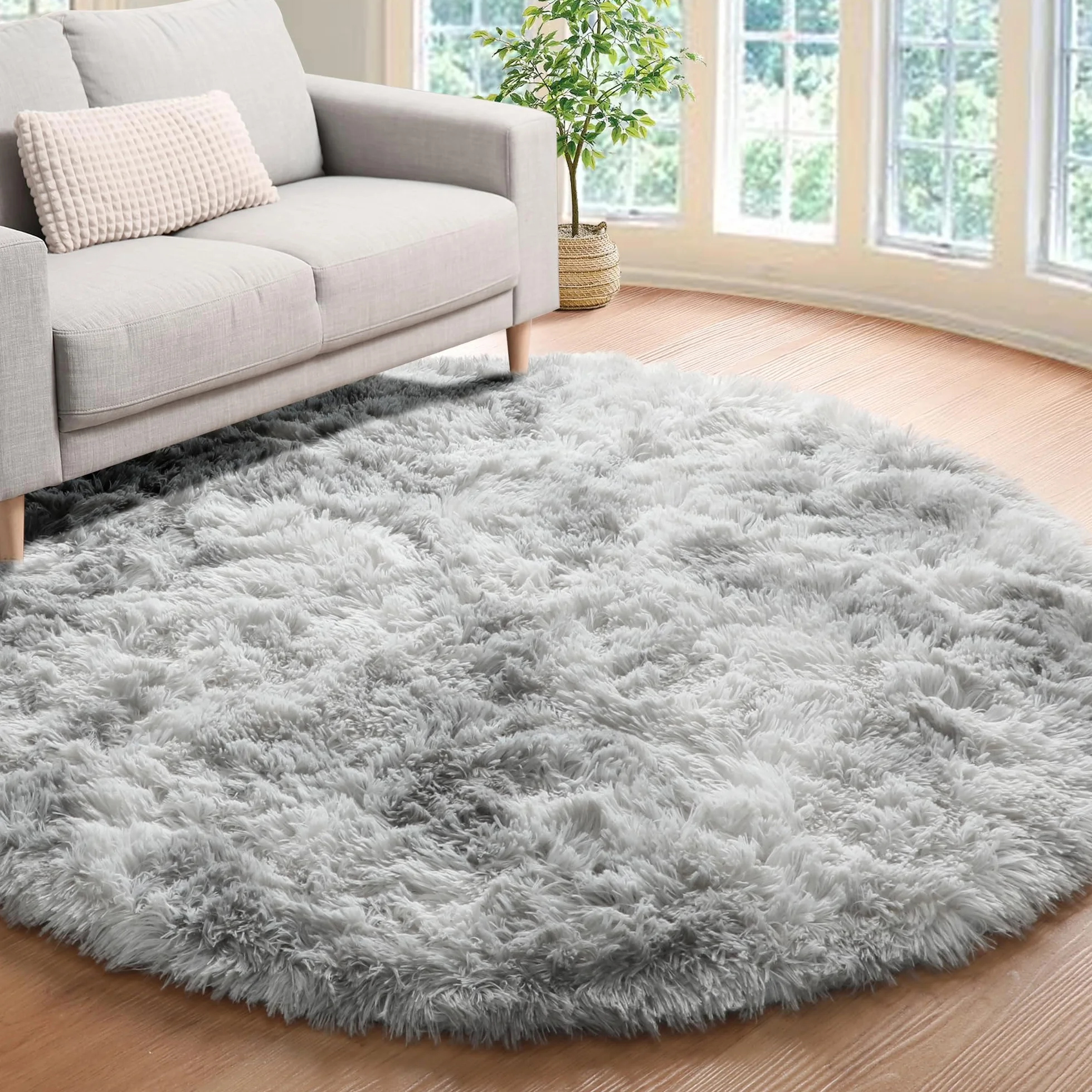 Alfombras Salón Redonda Pelo Largo Alfombra Habitación Dormitorio Lavables Alfombra Antideslizante Muy Suave para salón o Dormitorio, Alfombra esponjosa de Cama(Gris Claro,Ø 120 cm Ronda)