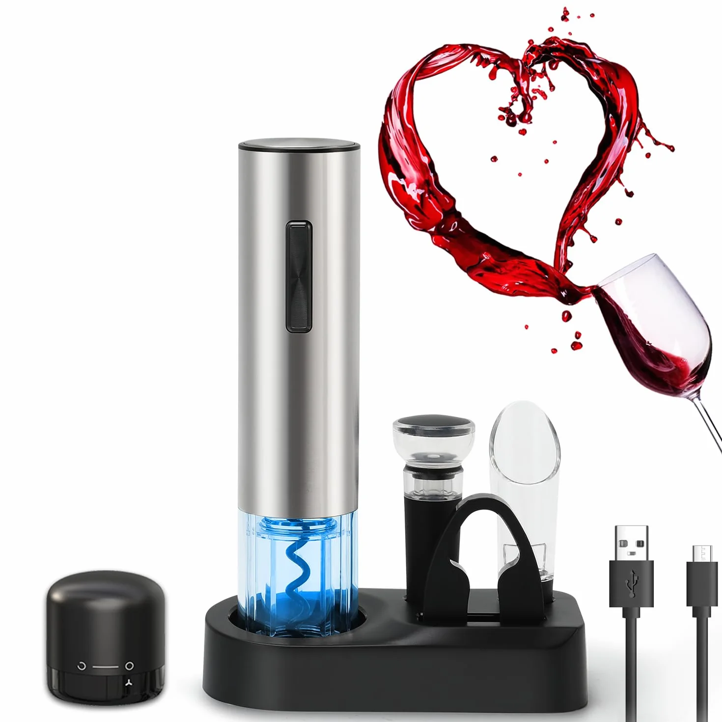 ZOYIDOUX Abridor de vino eléctrico recargable 7 en 1 de acero inoxidable Juego de regalo,Sacacorchos eléctrico con base,Cortador,Tapón de vacío de silicona,Tapón para vino,Vertedor,Línea USB