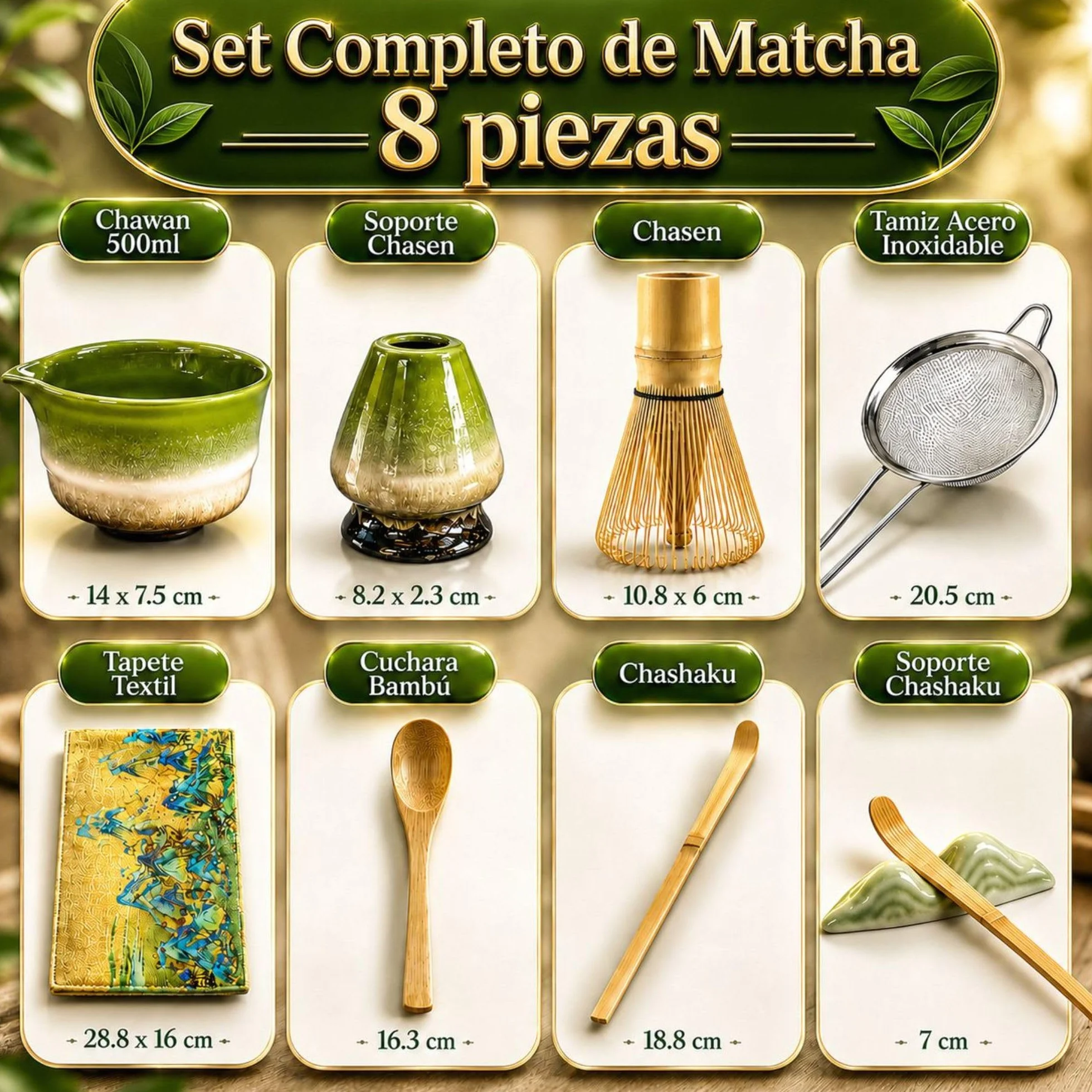 C&C Set Te Matcha Kit, 8 Piezas Premium Ecológicas Duraderas y Resistentes, Incl Ebook con Recetas Exclusivas y Manual, Batidor Matcha Colador Kit Matcha Set, Set Matcha Whisk - Kit Te Matcha Completo