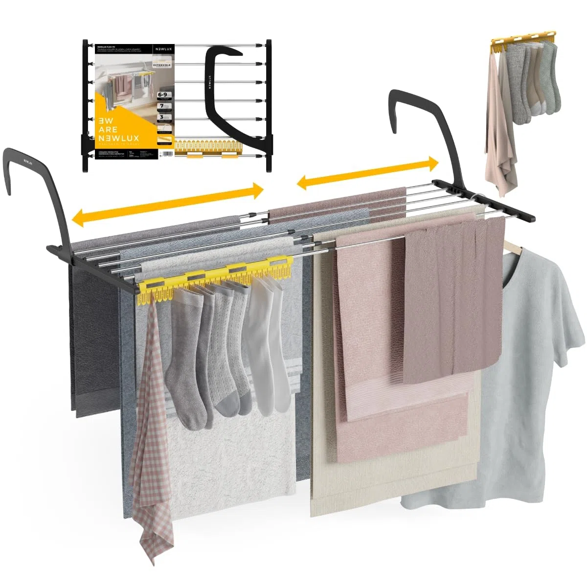 Newlux - Tendedero Balcón Extensible Flex V9 de Acero INOX (+/- 52.5-92,5x35x17cm). Tendedero barandilla Plegable con Capacidad 9M y 7kg. Accesorio Calcetines. Ideal Interiores y Exteriores, Negro