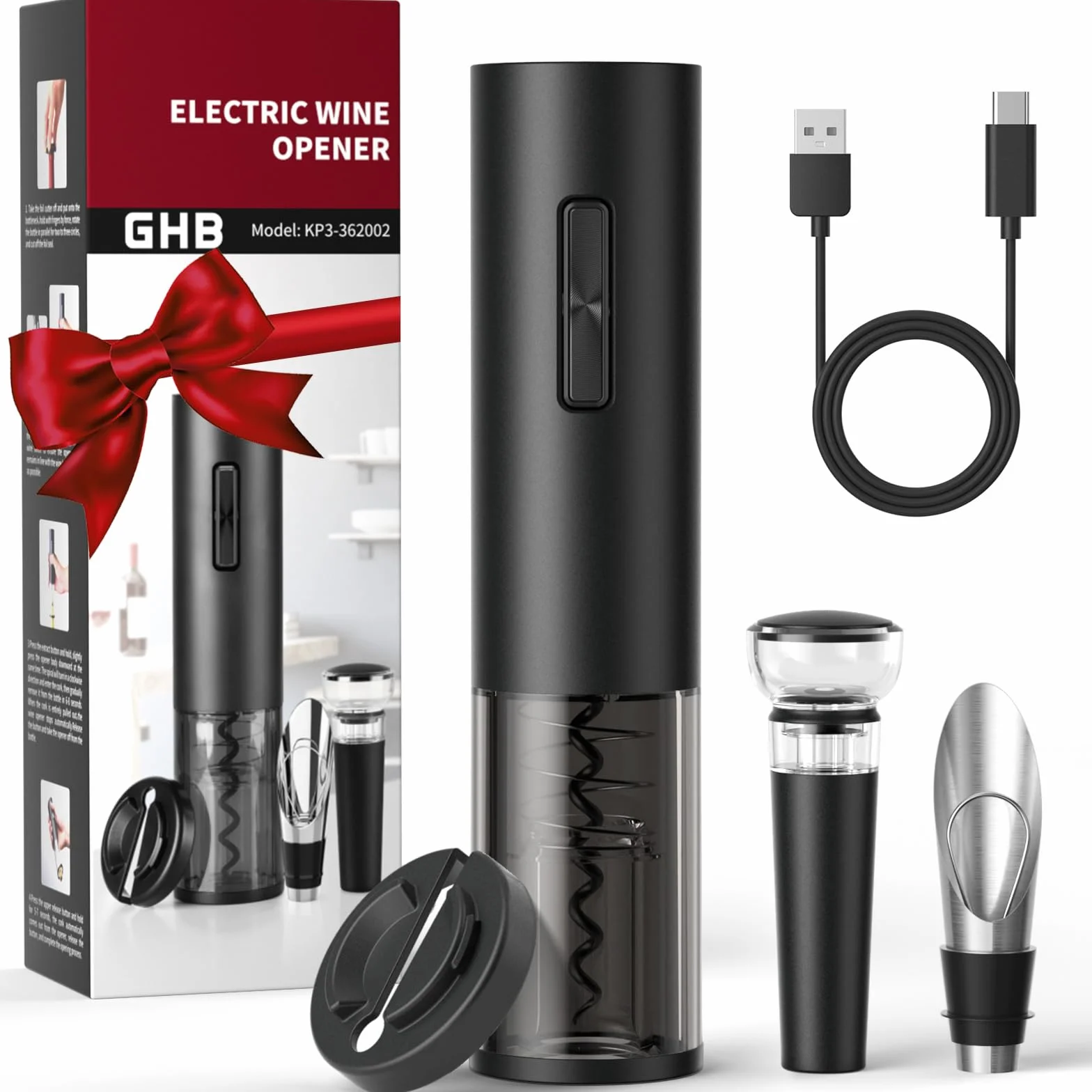 GHB Sacacorchos Eléctrico Abridor de Botellas Recargable con Cortador de Papel/Vertedor/Tapón de Vacío/Aerator/Anillo de Vino