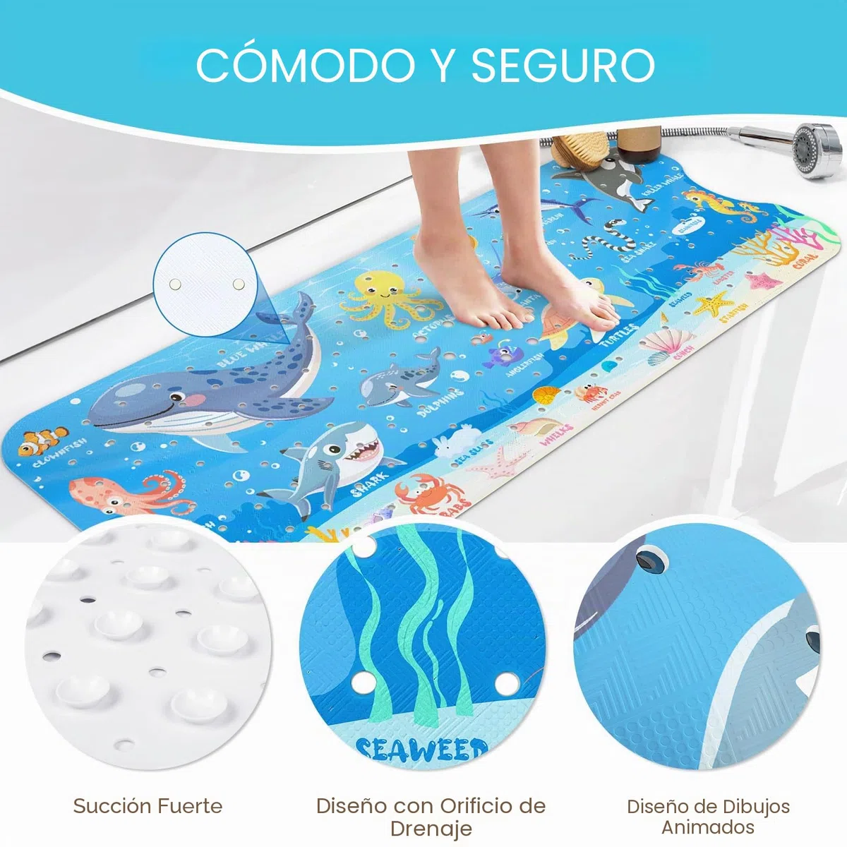 SHUCHING Alfombra Bañera Antideslizante Infantil, Alfombrilla Antideslizante Ducha Niños, Resistente al Moho y Lavable a Máquina Sin BPA, Animales Marinos