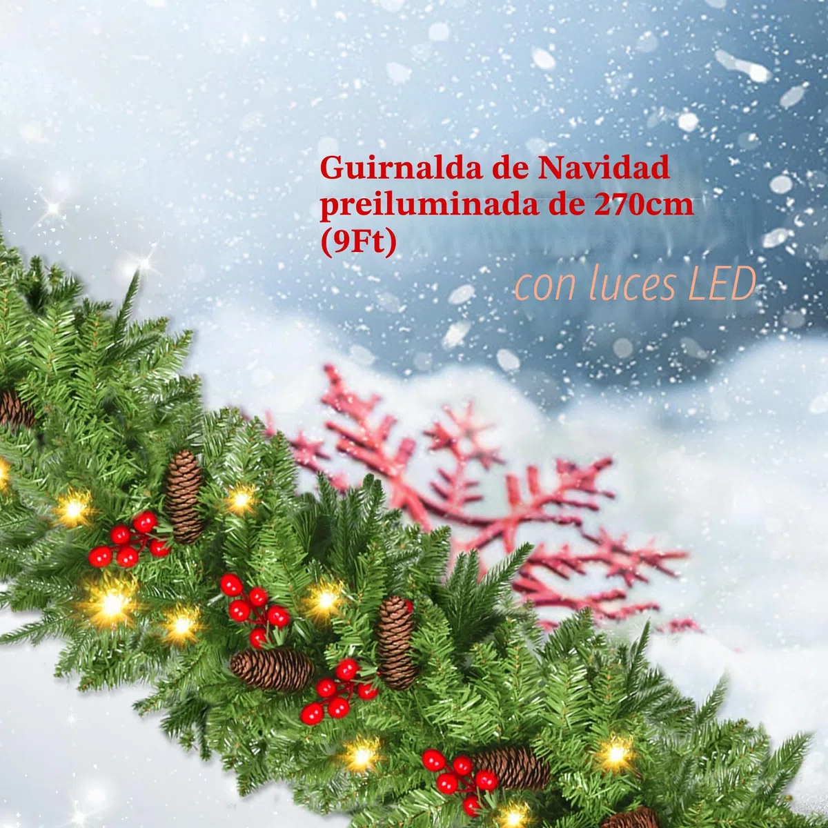 NUZEKY Guirnalda de Navidad 2,7m con 30 Luces LED Abeto Exterior Flores Bolas