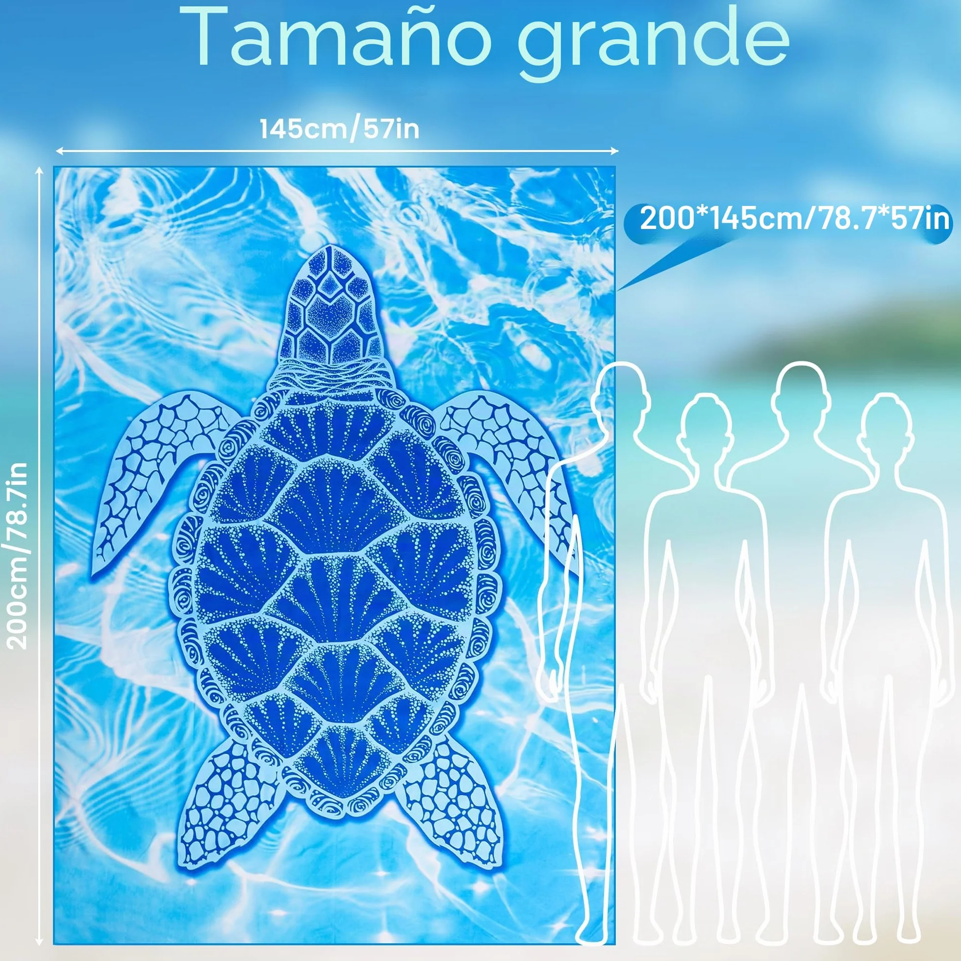 KUOGAS Toalla Playa XXL 200x145 cm Microfibra Secado Rápido Sin Arena Manta Playa Mujer Tortuga Azul