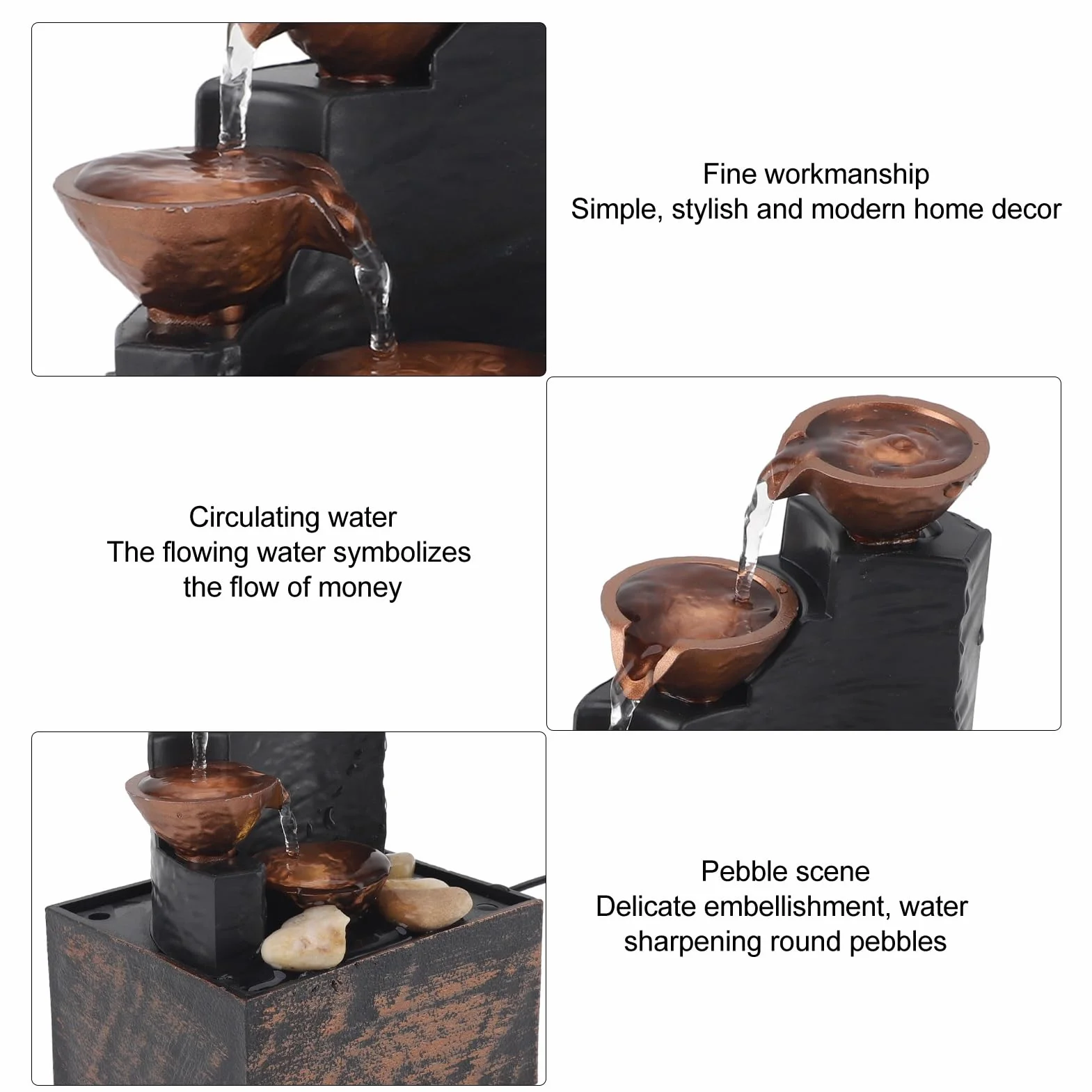 ciciglow Fuente de Agua USB, Kit de Fuente Embellecedora de Guijarros con Luz LED, Adornos de Agua Corriente Feng Shui, Manualidades para el Hogar y la Sala de Estar