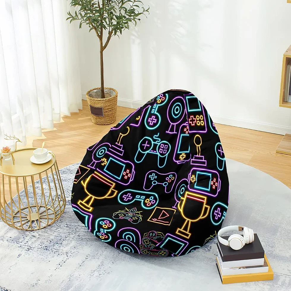 Fansu Máquina de Juego 3D Imprime Puff Con Asa, Bean Bag para Adultos y Niños, Sin Relleno, para Uso Interior y Exterior (100x120cm, Máquinas Juego Neón)