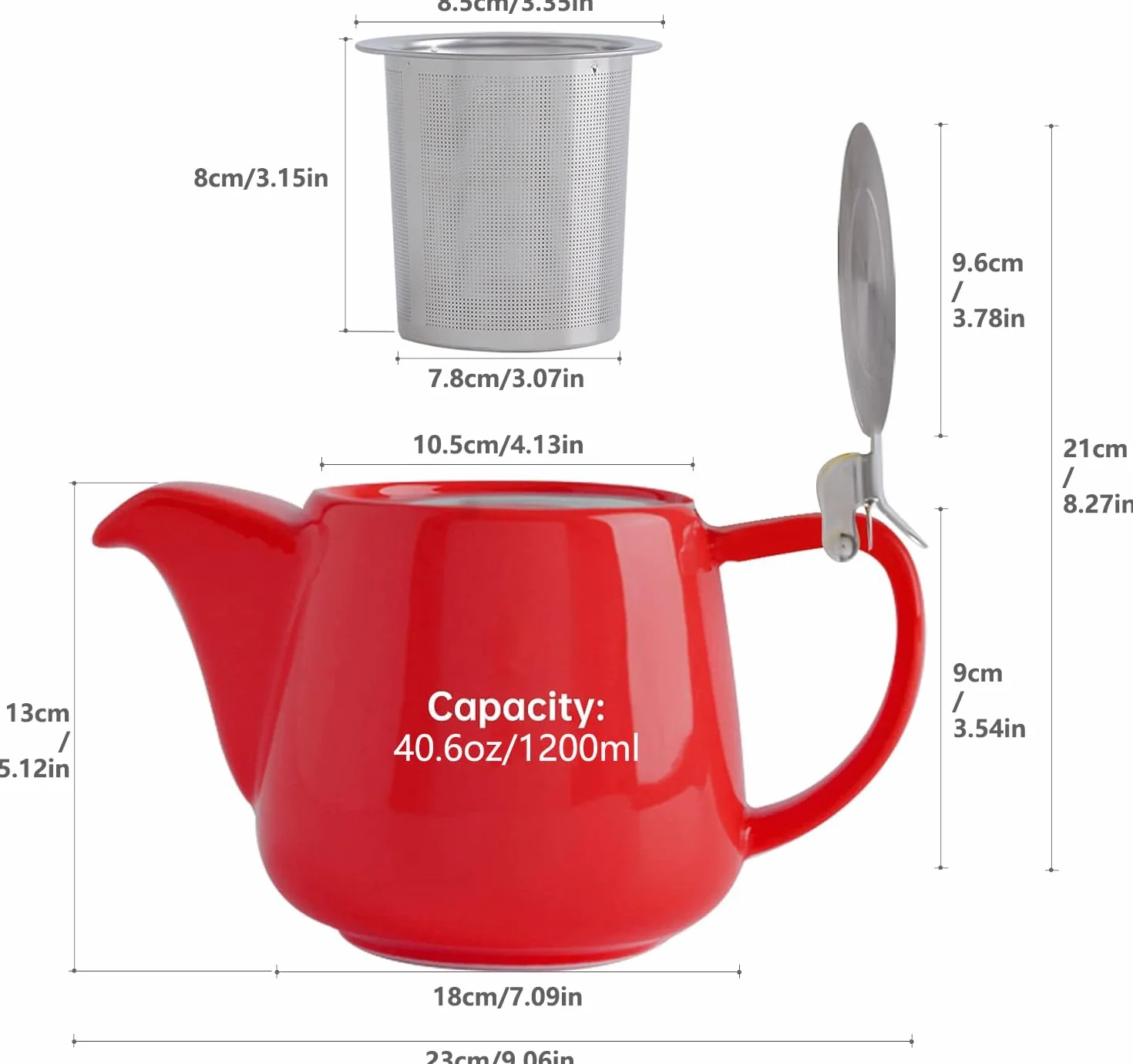 VIVILINEN Tetera con Infusor Extraíble y Tapa Metálica de 1,2 litros, Cerámica para Té en Hojas y Té a Granel