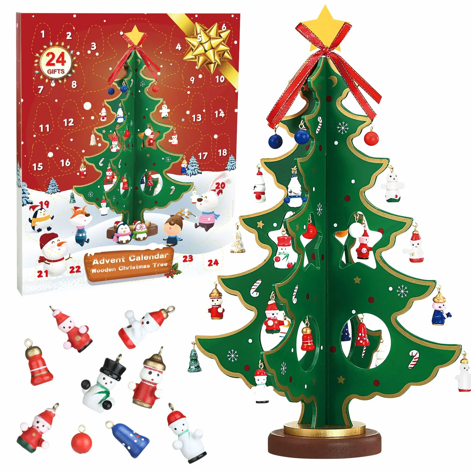 LEMESO Calendario de Adviento Árbol de Navidad Madera 3D con 24 Decoraciones Colgantes 35,5cm