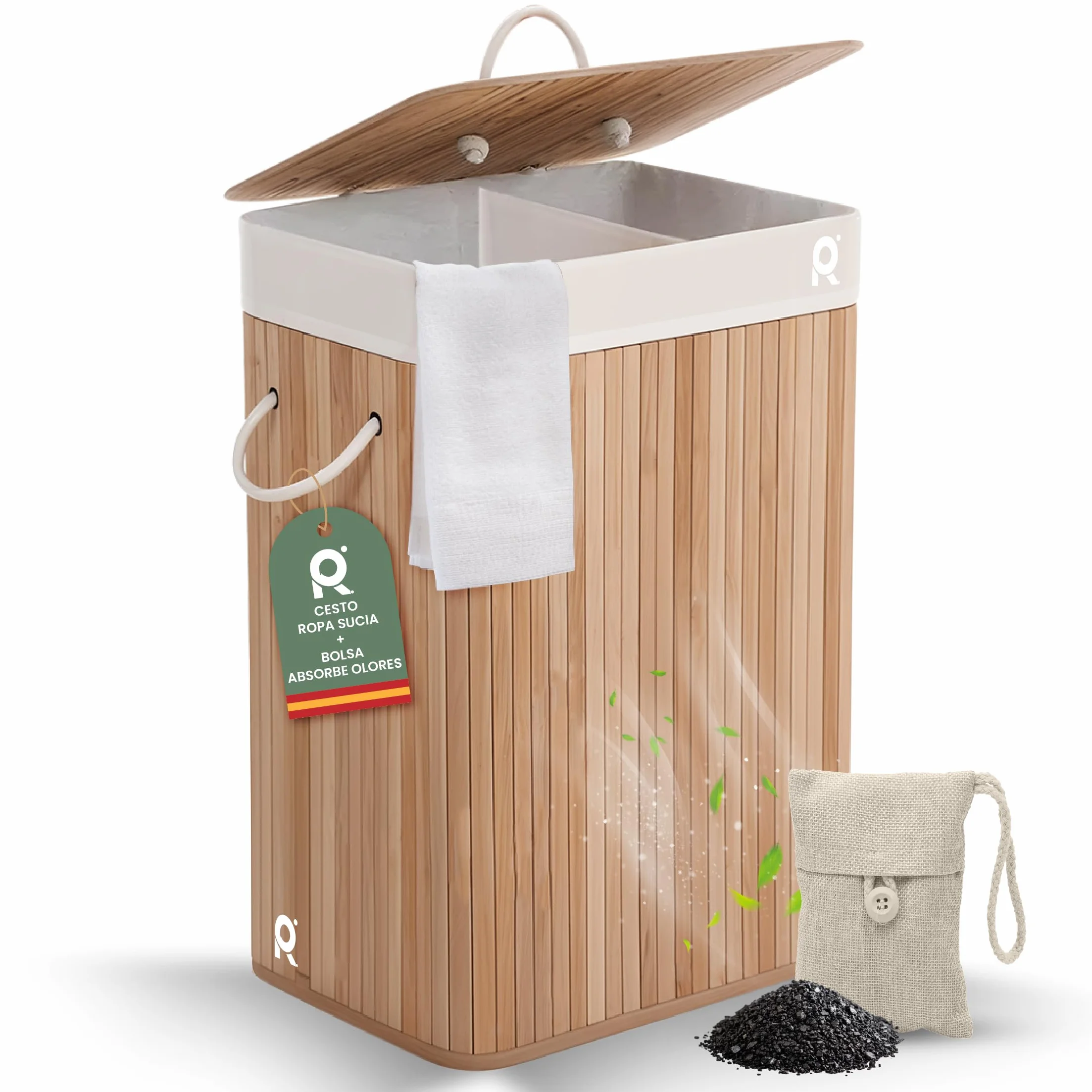 Cesto de Lavanderia 2 Compartimentos 72 L Bambu Natural con Tapa