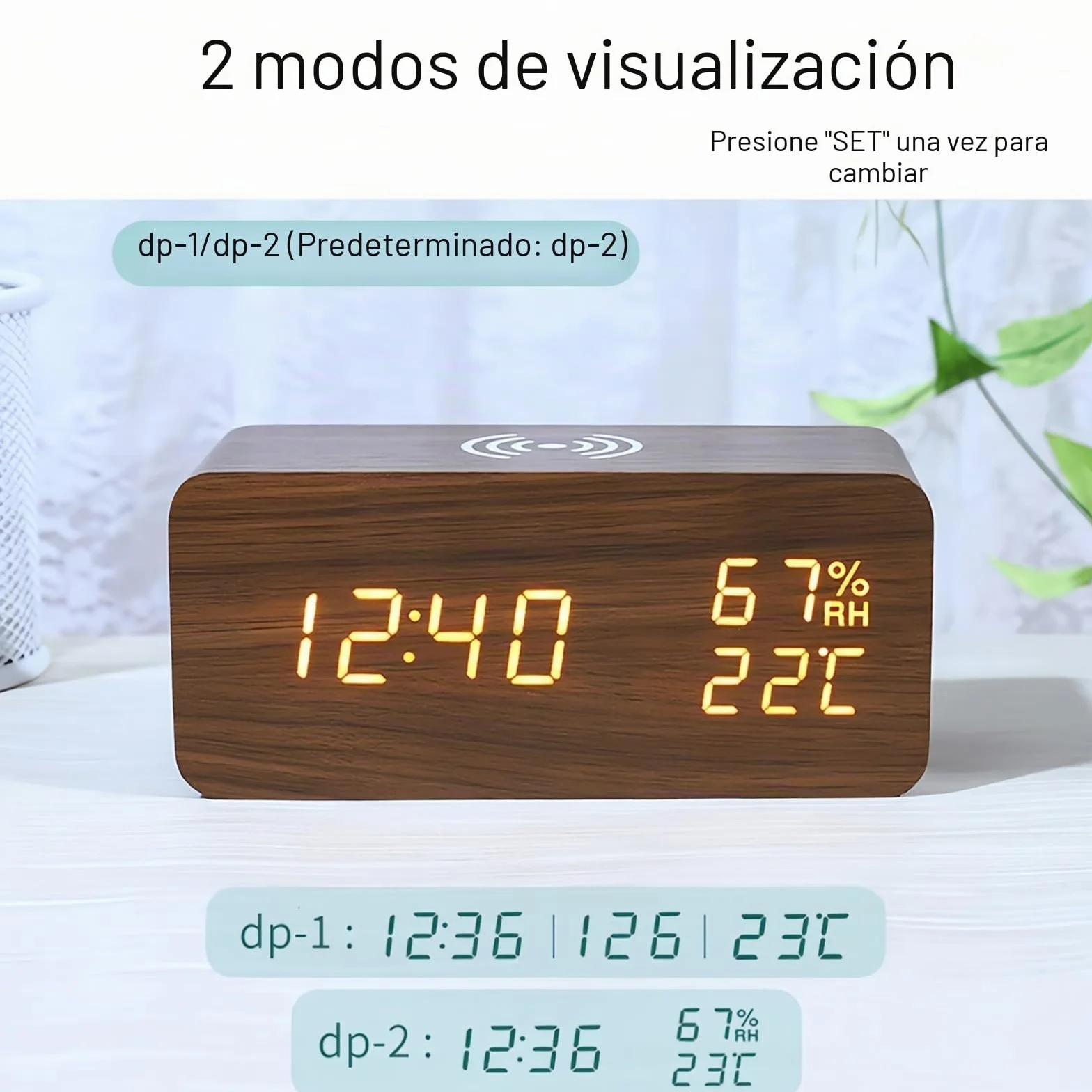 Reloj Despertador Digital con Carga Inalámbrica LED Pantalla de Temperatura y Humedad 3 Alarmas Brillo Ajustable Control de Sonido para Dormitorio Casa Oficina (Marrón)