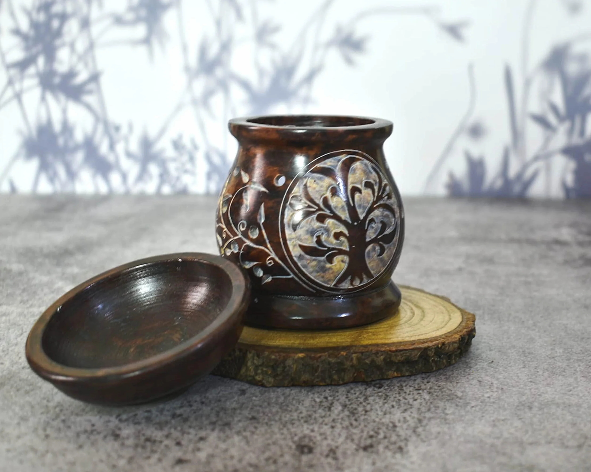 Difusor de Aroma Quemador de Aceite, Soporte para Velas de té de esteatita, Trabajo Jali Tallado a Mano, esteatita, para aromaterapia (Tree of Life)