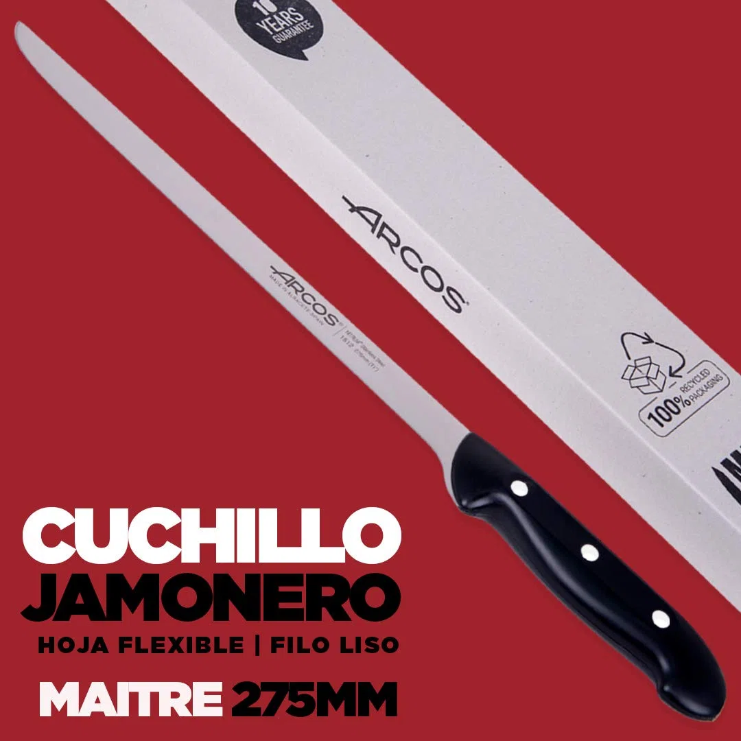 Arcos jamonero Profesional | Cuchillo jamonero jamonero Inoxidable Nitrum | Mango Negro | Cuchillo Jamon iberico | Serie Maitre| Hoja Flexible y Filo Liso | 275 mm | Acero Inoxidable NITRUM