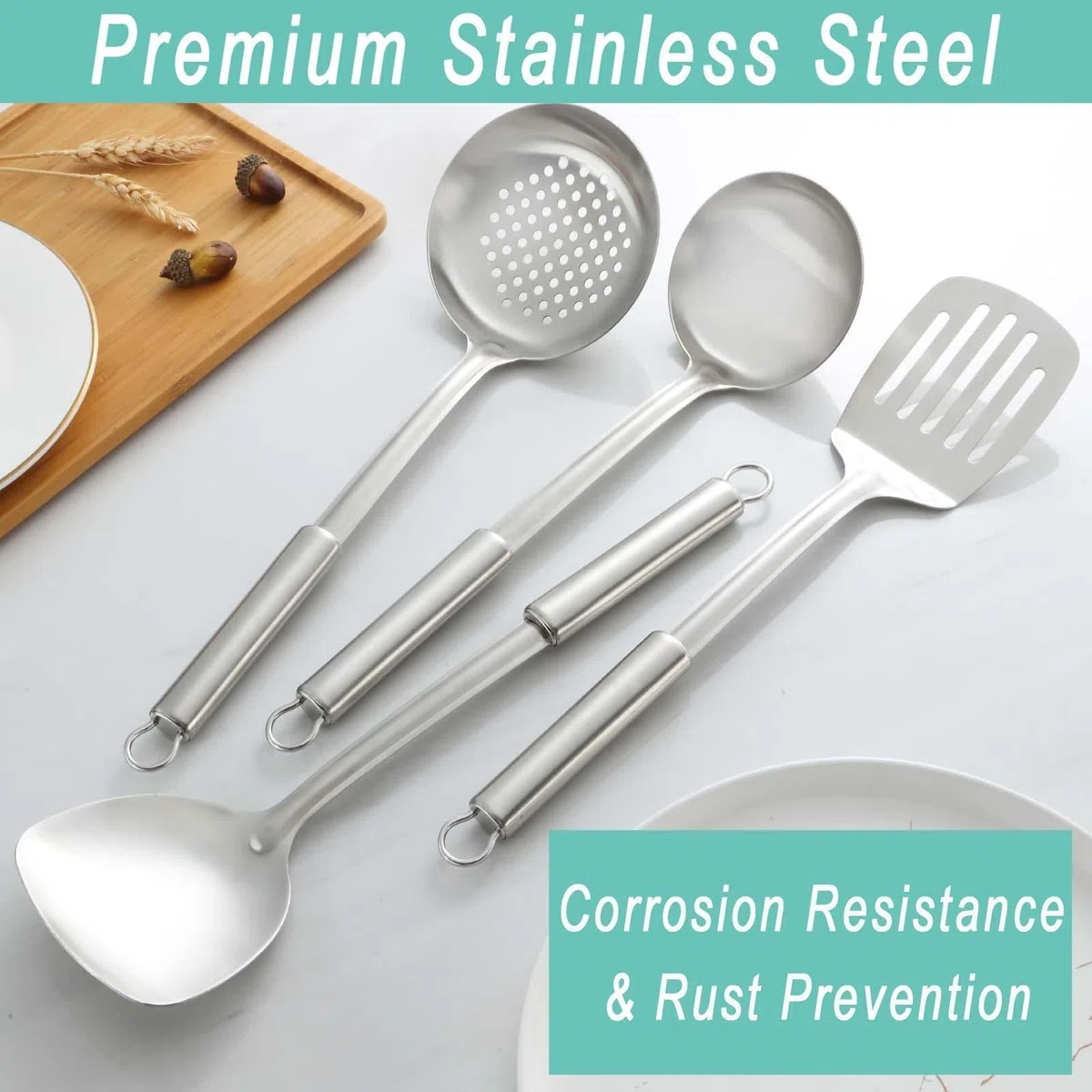 4P set utensilios de cocina, set acero inoxidable, utensilios de cocina y espumadera, espatula, cucharones y volteador ranurado