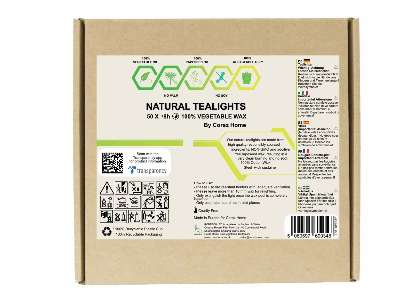 Velas de Cera de Colza Natural Candelitas en Taza Transparente Cera Blanca Luces Nocturnas No Tóxicas No Perfumadas (Caja de Kraft, 50 Candelitas - 8 Horas)