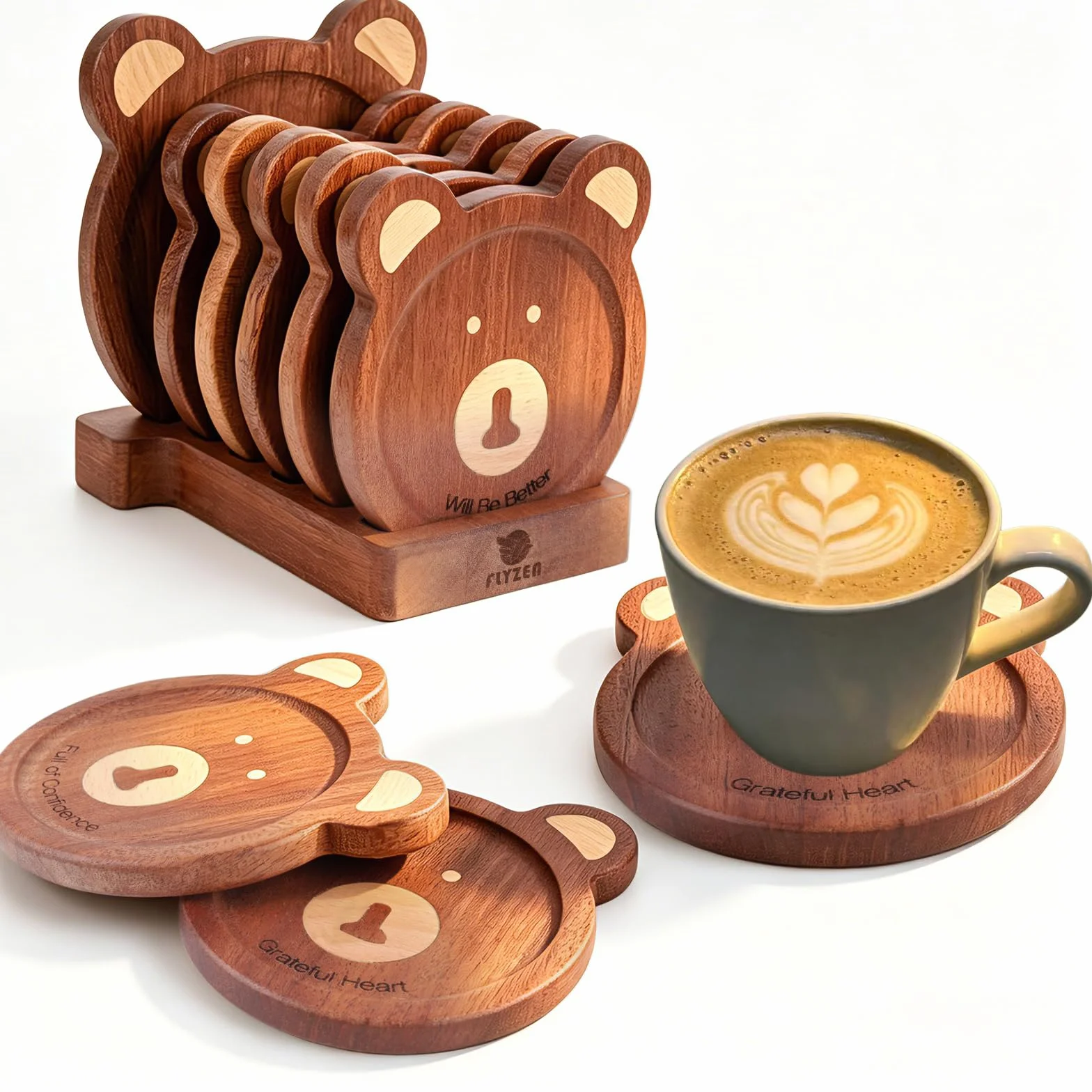 Posavasos de Madera Redondos Oso Hechos a Mano 11,5x9,5x1 cm Marrón Oscuro