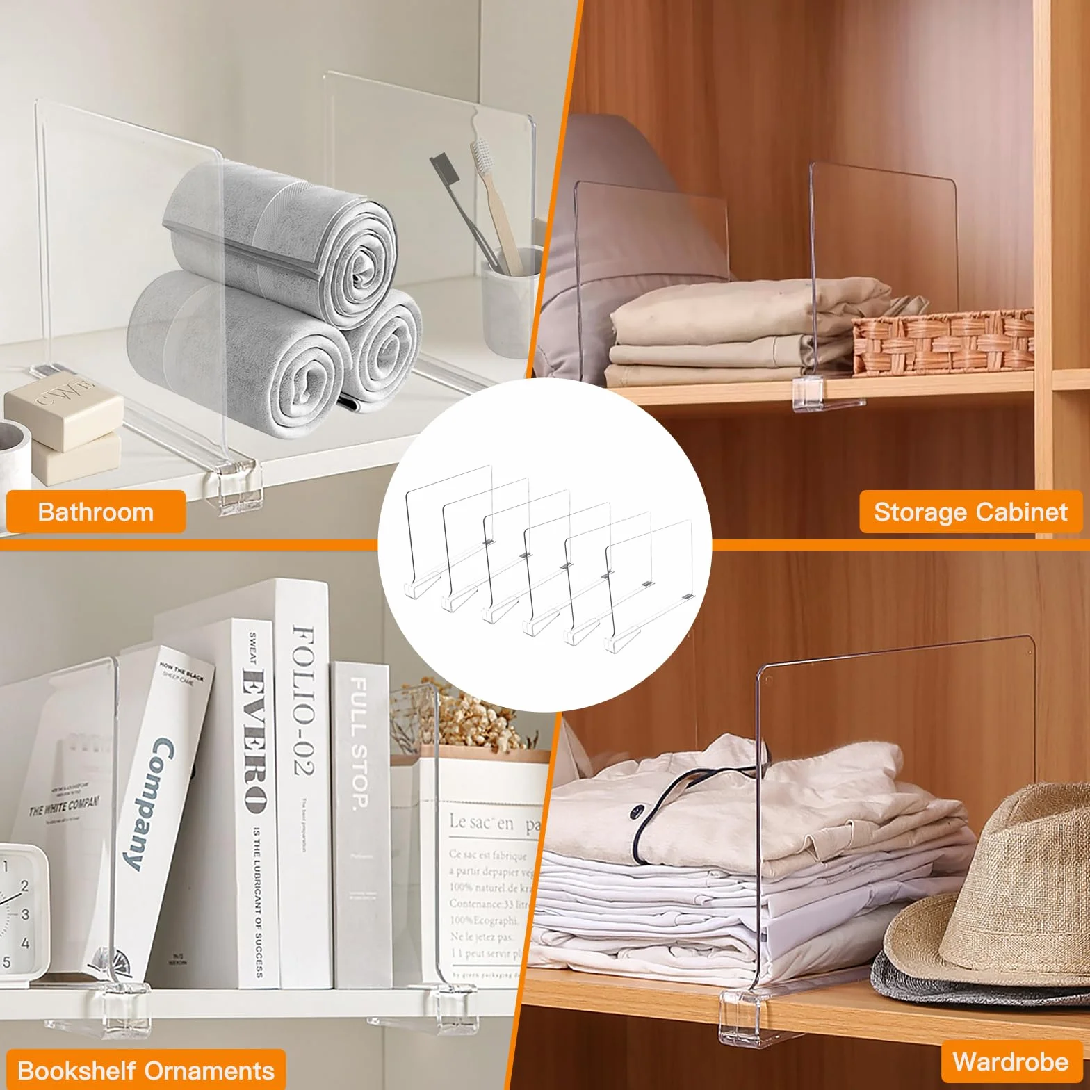 6 Pcs Separadores Acrílico Transparente, Estantería Organizador Armario Interior, Separador Almacenamiento Vertical, Estantes Organización Ropa para Dormitorio, Cocina, Librerías, Oficinas, Cajones