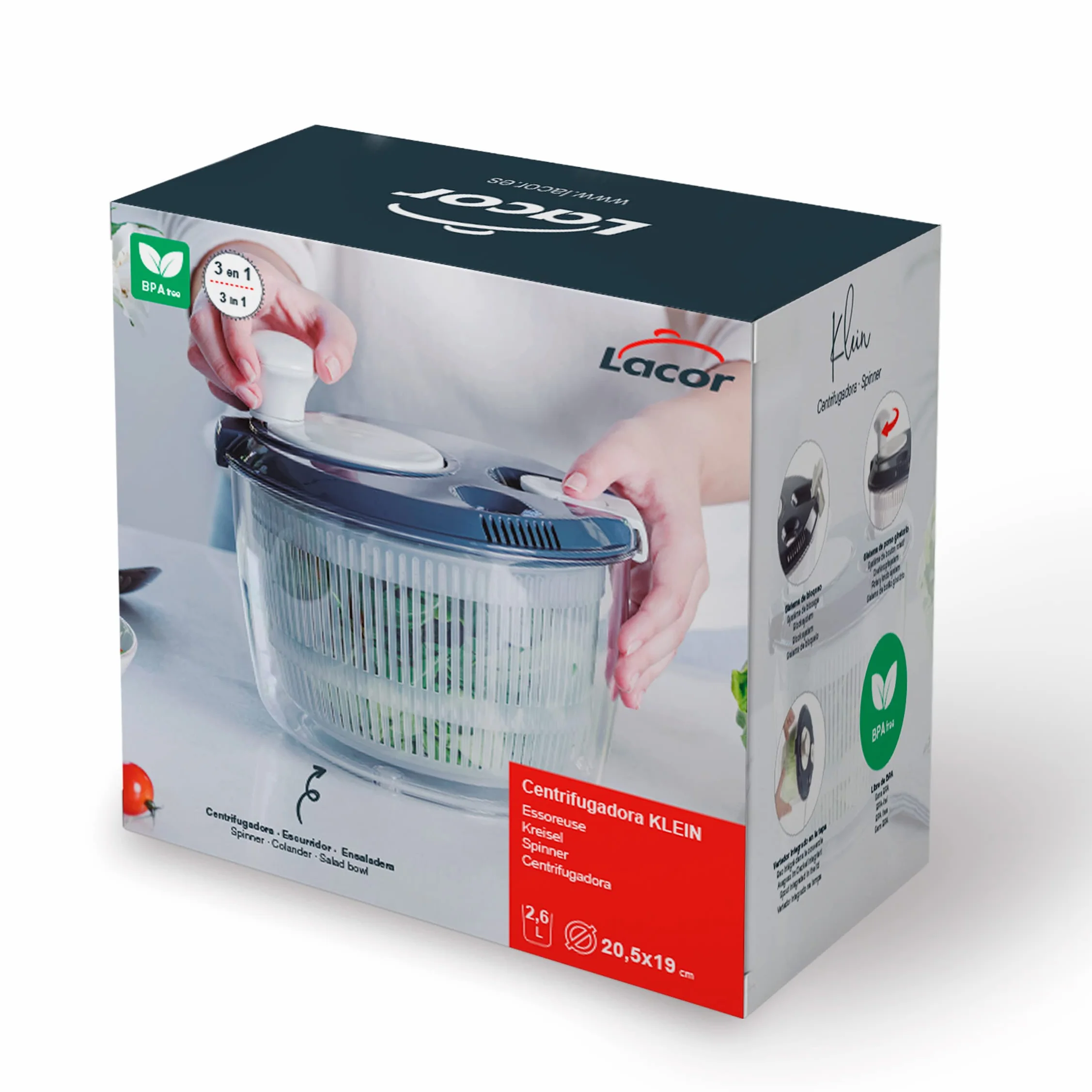 Lacor - 61422 - Centrifugadora KLEIN de Gran Velocidad, Pomo Giratorio, Sistema de Bloqueo, 3 piezas: Escurridor, Rejilla, Bol, 100% libre BPA, Ø 20,5 x 19 cm, Gris