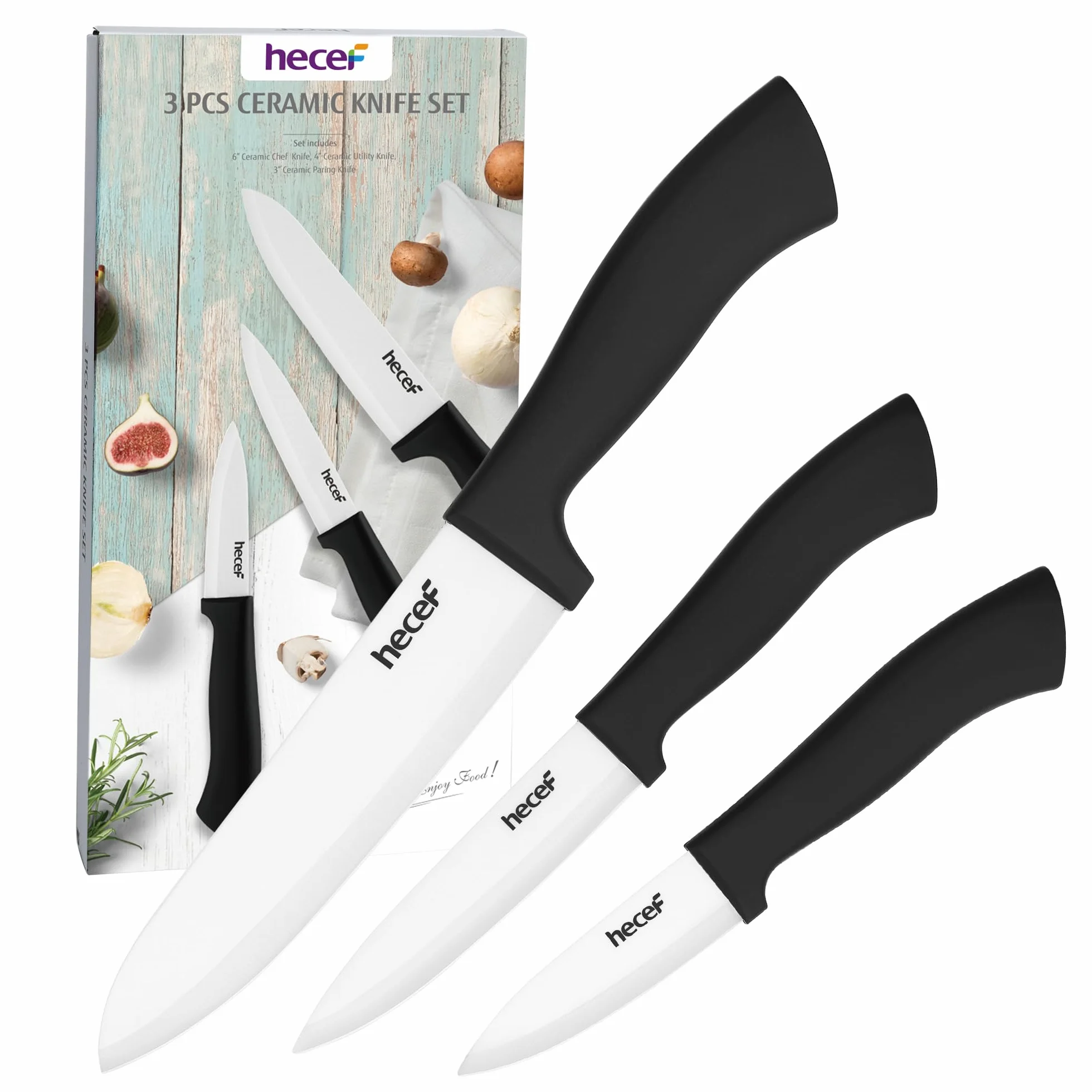 hecef Juego de Cuchillos de Cerámica 3 Piezas Chef Fruta Pelador Mango Antideslizante Blanco