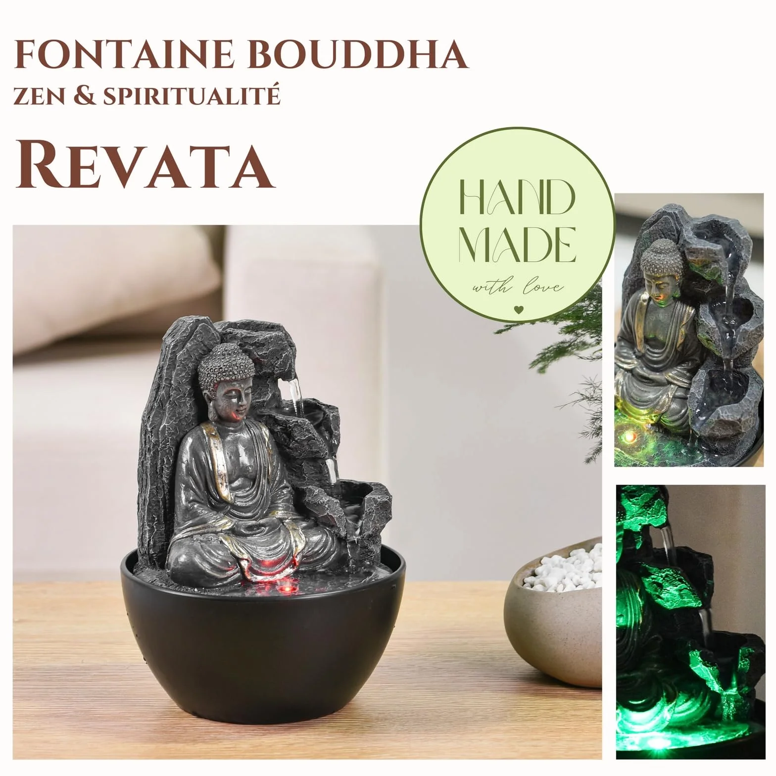 Fuente de Interior de Buda Relajante – Fuente Cascade – Decoración Zen Feng Shui – Idea de Regalo Elegante y útil – Fuente de Mesa con luz LED – 18 cm – Revata Zen'Light