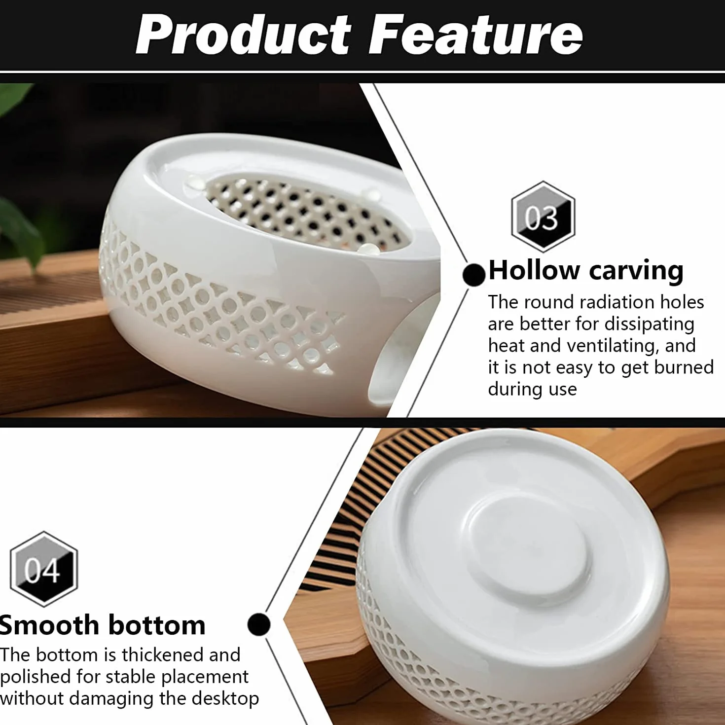 Calentador de Tetera de Porcelana con Cuchara y Tapete, Base Tallada Hueca para Té y Café, Blanco
