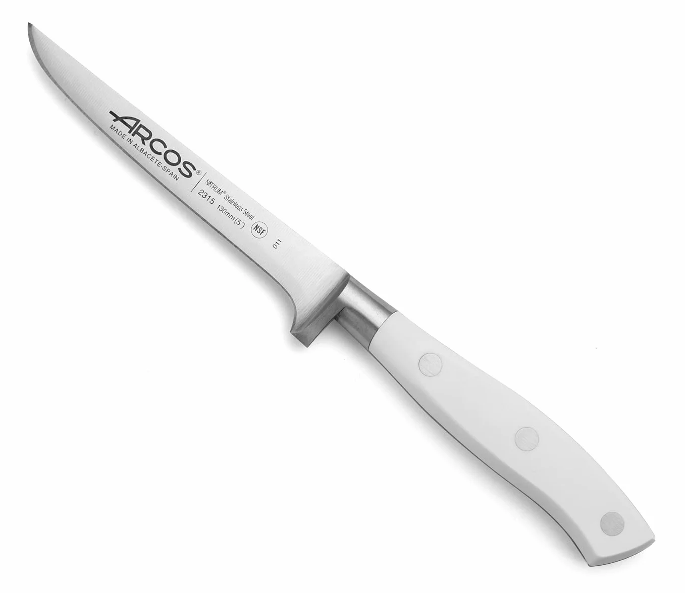 Arcos Cuchillo deshuesador Acero Inoxidable Nitrum 130 mm Profesional para cortar huesos carne Mango ergonómico polipropileno Serie Riviera Blanc
