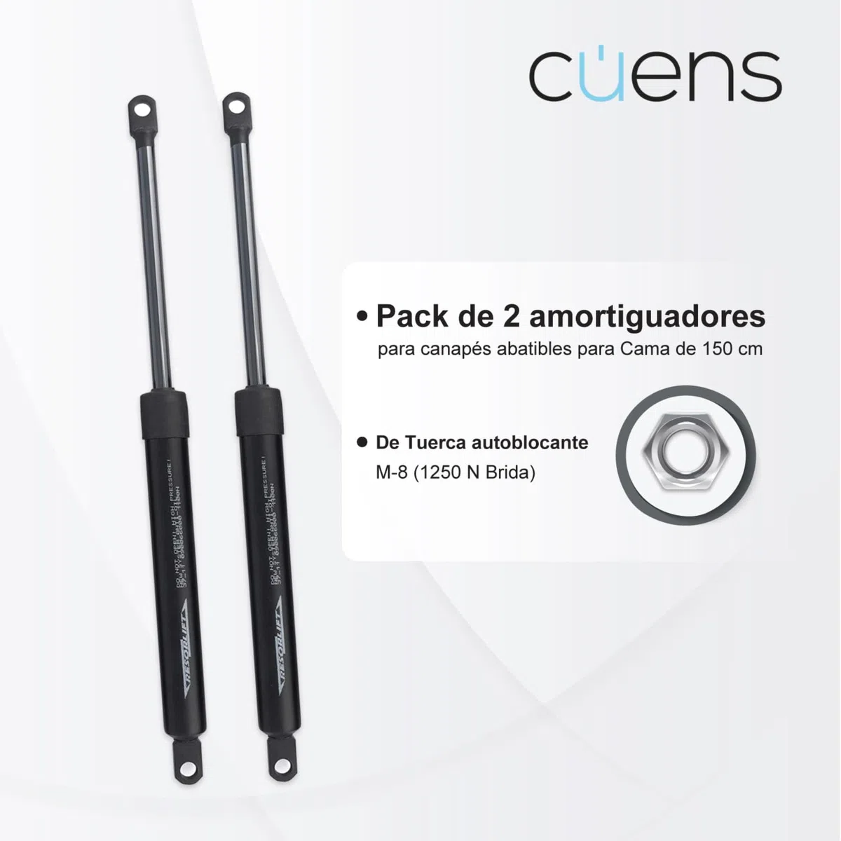 Juego de 2 amortiguadores o Resortes de Gas para canapés de 1150N - Brida M-8 - Ideal para canapés de 135cm - Cuens
