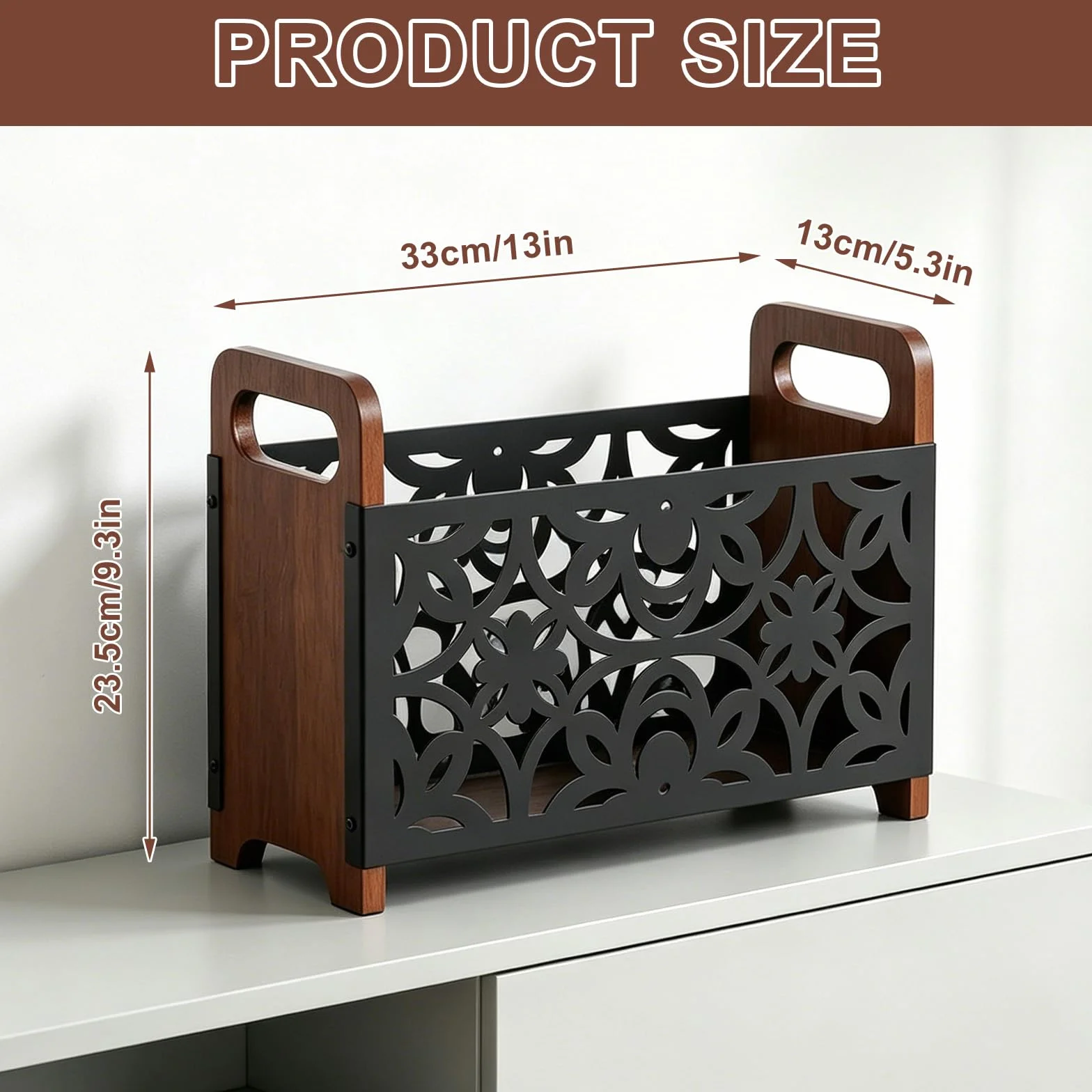 Revistero de madera 33x24x13 cm negro flores soporte para revistas con asa