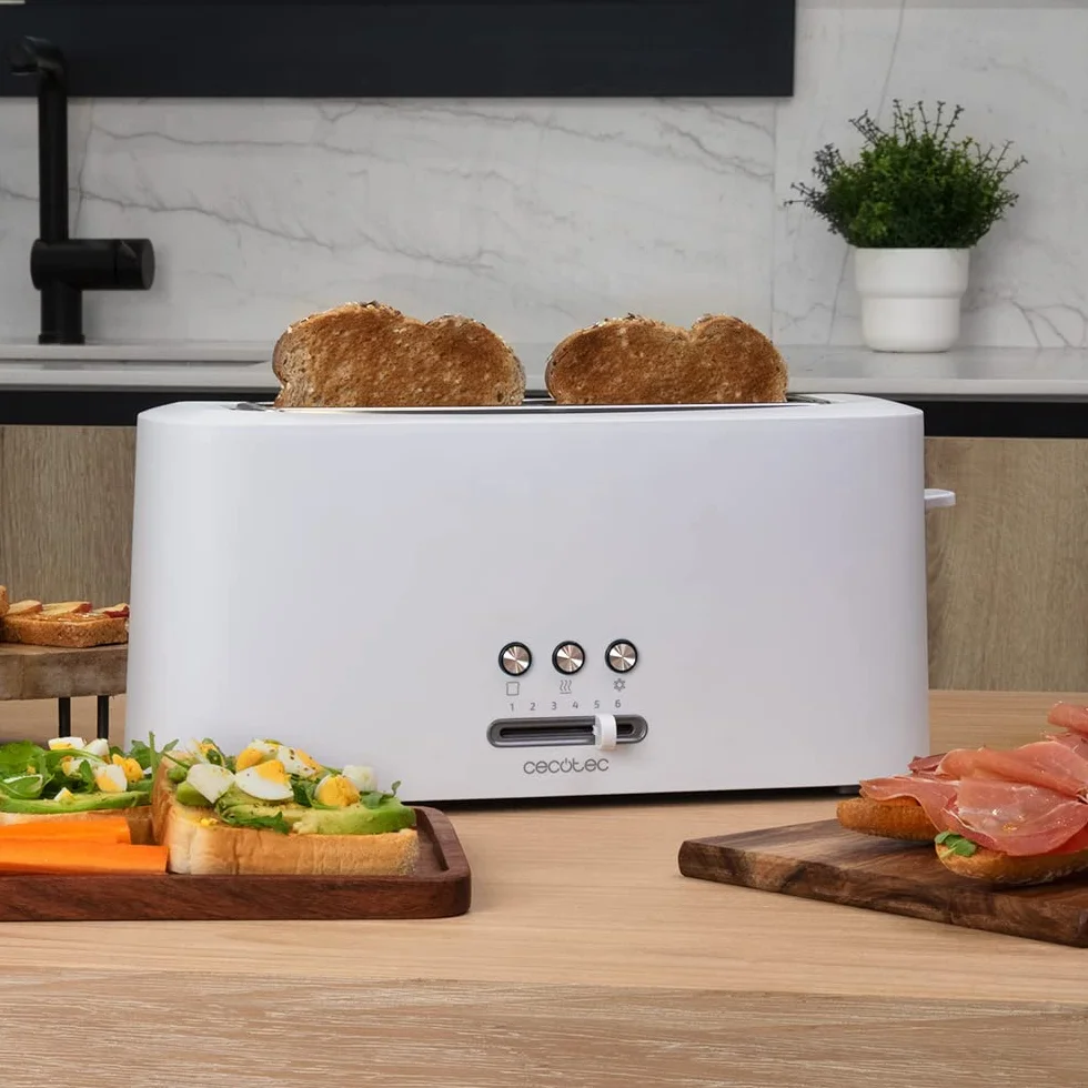 Cecotec Tostadora Toast&Taste 10000 Extra White. 980 W, Ranura larga extraancha, Función Recalentar, Descongelar y Cancelar, Plástico, Varillas superiores, Blanco