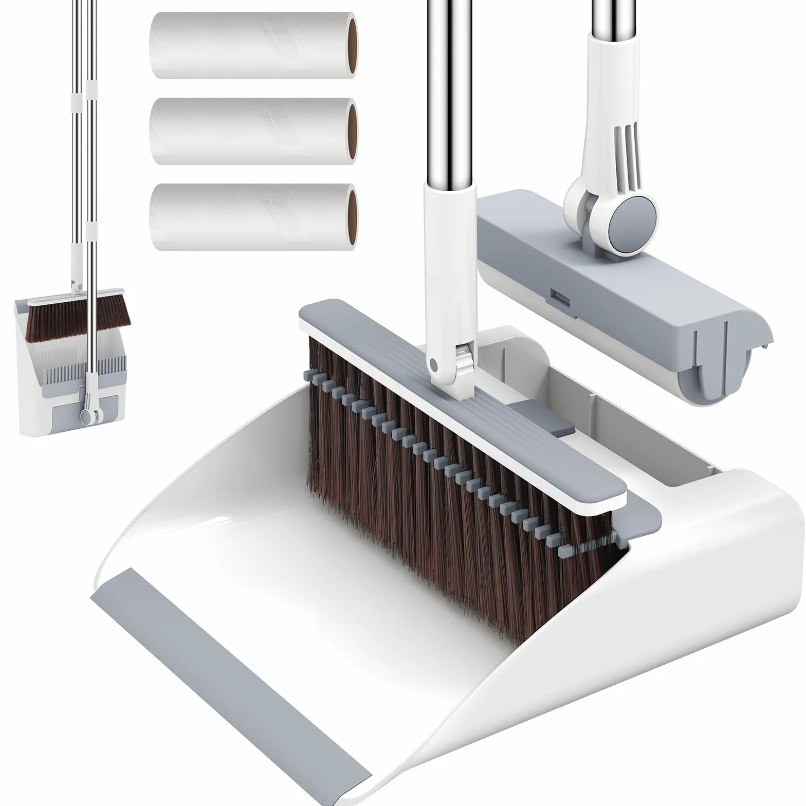 Euqvunn Sets de Escoba y Recogedor de Mango Largo, 3 en 1, Recogedor Plegable con Dientes de Peine y Cepillo Barrer