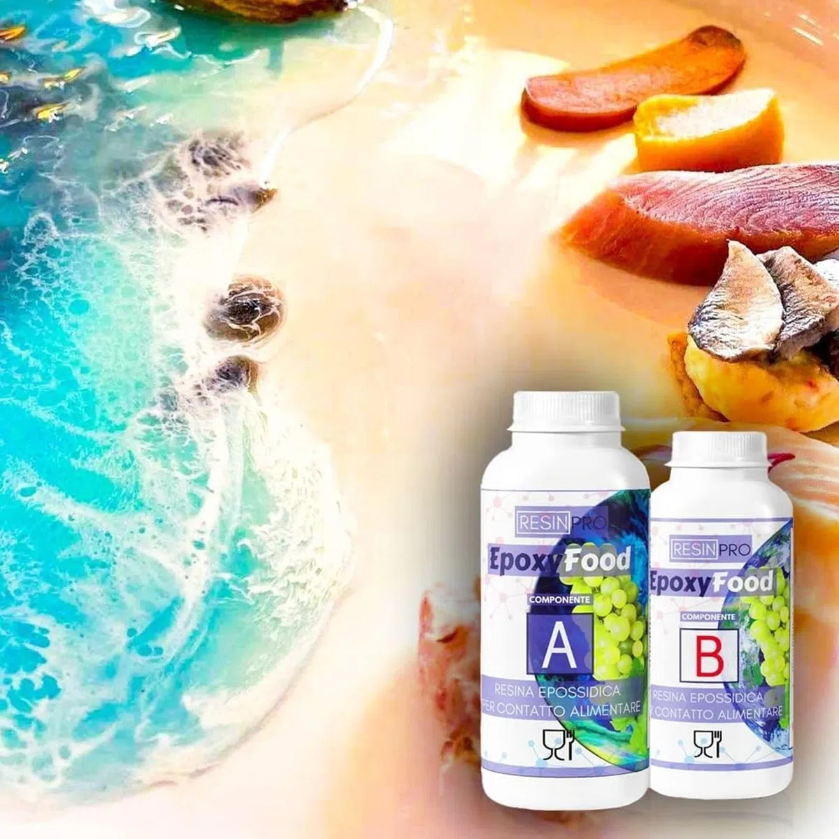 RESINA EPOXY EPOXYFOOD PARA CONTACTO CON ALIMENTOS Ideal para mesas, bandejas, platos y posavasos - Certificado - Guantes gratis - Asistencia técnica en Español - 100% Made in Italy - 775g