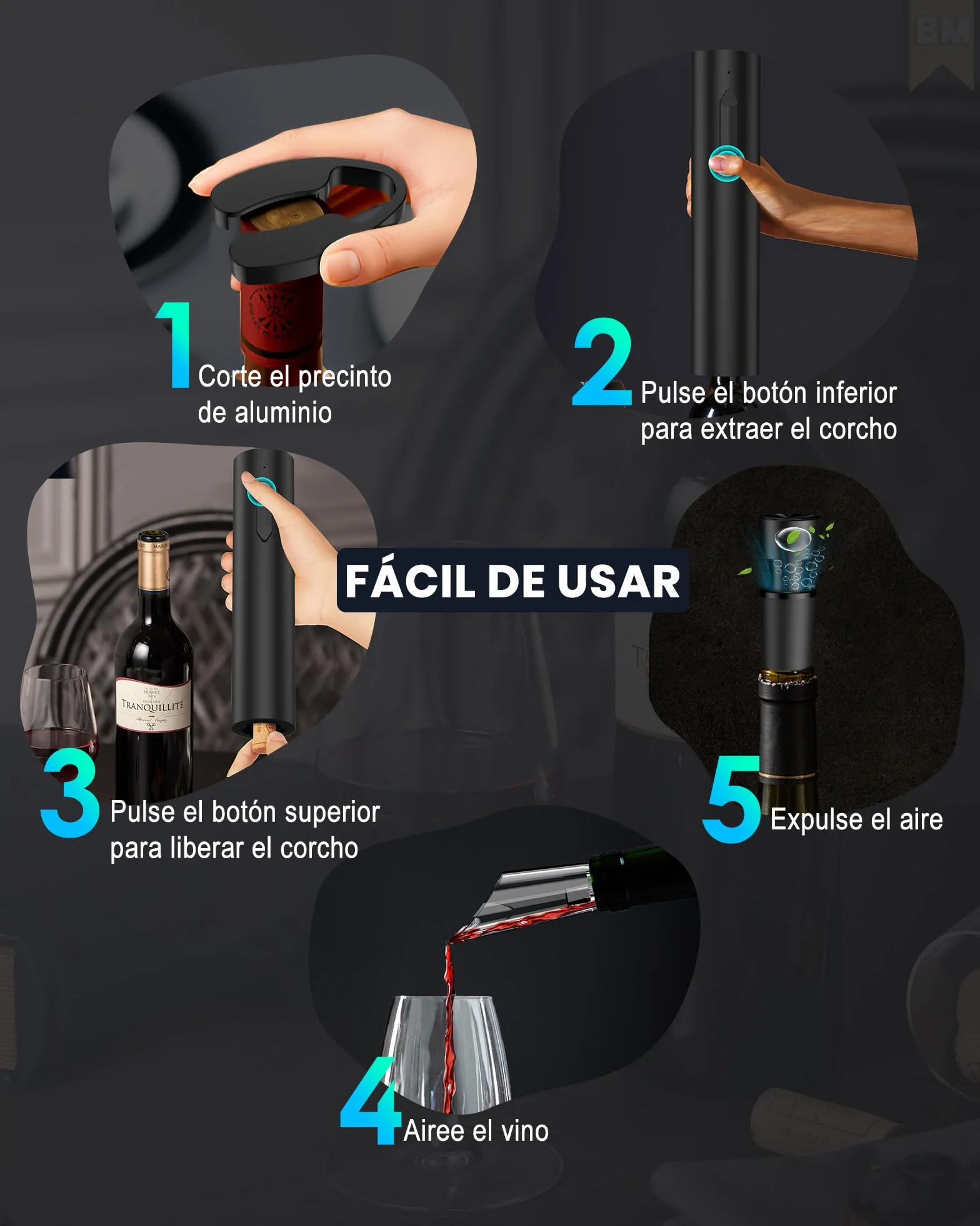 Sacacorchos eléctrico recargable, abridor de vino electrico saca rolhas regalos para hombre mujere abrebotellas con vertedor aireador, 2 tapón de vino al vacío, cortador láminas y cable USB