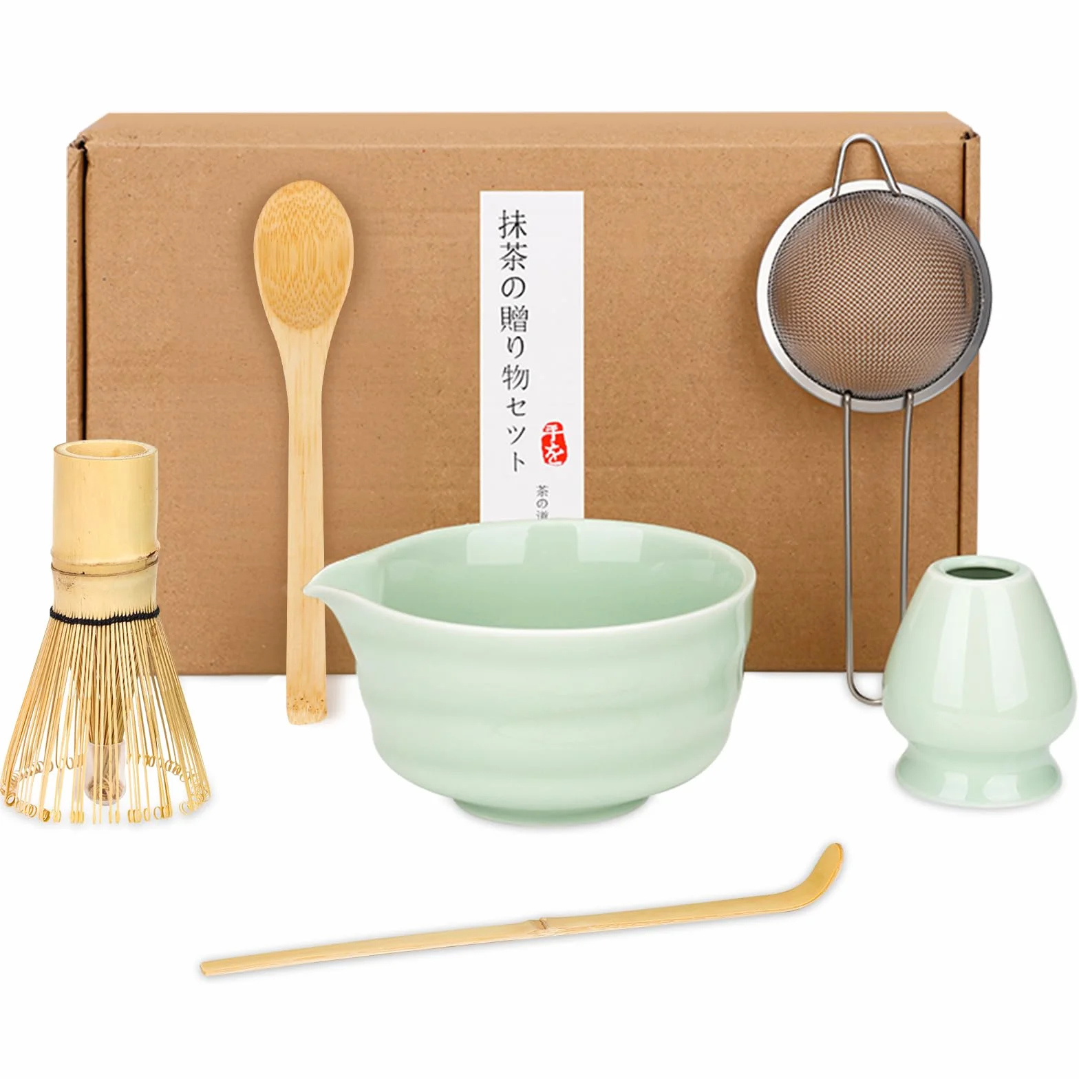 Matcha Set de 6 Piezas – Kit de Ceremonia Japonesa de Matcha con Cuenco de Matcha,Batidor de Matcha de Bambú,Soporte para Batidor,Colador, Cuchara y Pala – Set de Regalo para Amantes del Matcha