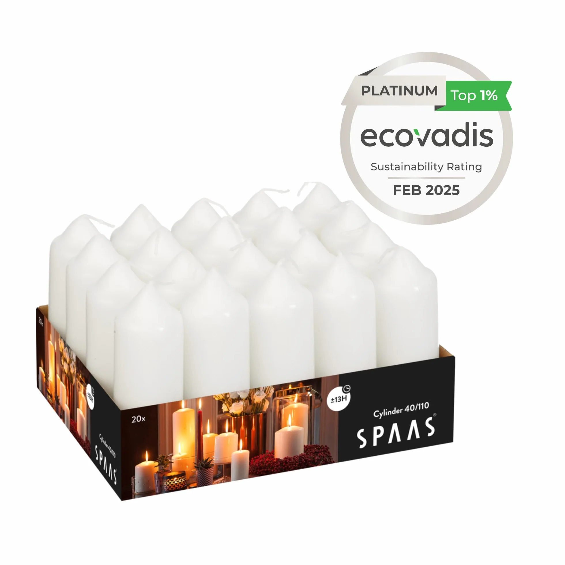 Spaas Bandeja de 20 velas de pilar sin perfume de 40/110 mm, 13 horas, color blanco