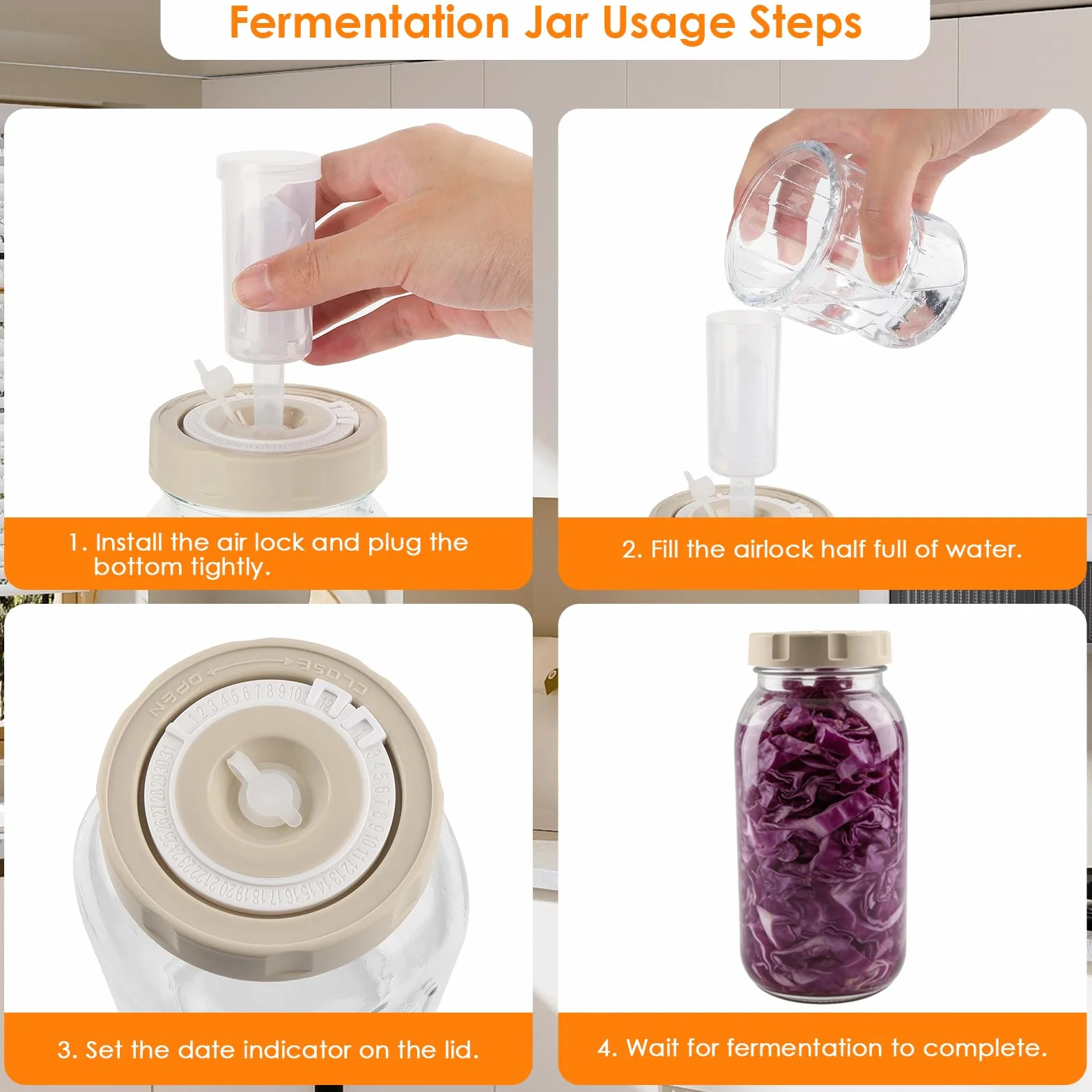 2 tarros de fermentación de 2 litros con indicador de fecha y cierre hermético - Perfecto para chucrut, kimchi, kombucha (paquete de 2)