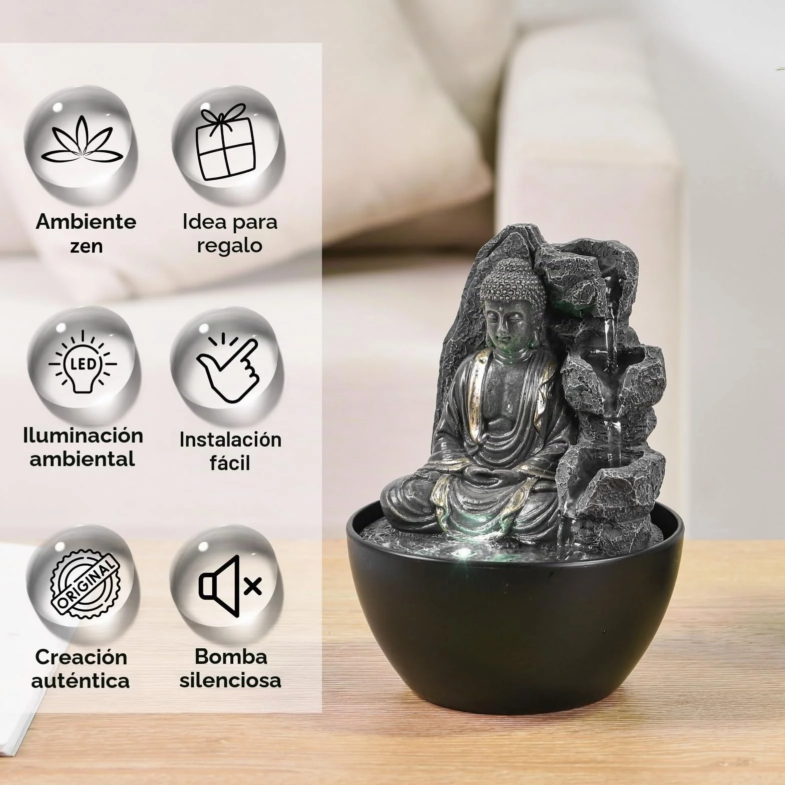 Fuente de Interior de Buda Relajante – Fuente Cascade – Decoración Zen Feng Shui – Idea de Regalo Elegante y útil – Fuente de Mesa con luz LED – 18 cm – Revata Zen'Light
