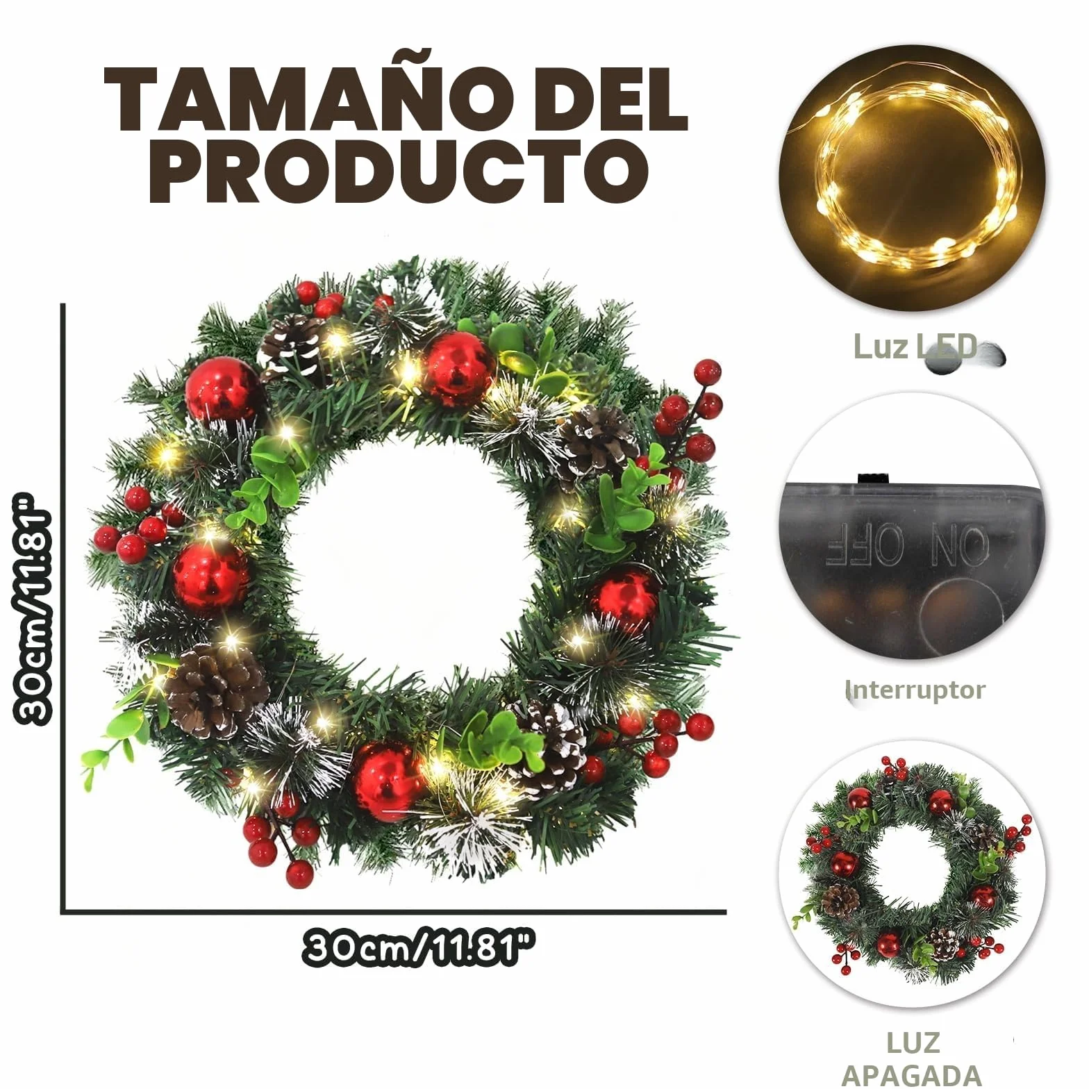 CIRULLI Corona Navidad Puerta,Coronas de Navidad 30 cm,Guirnalda de Navidad para Puerta Exterior,Corona de Abeto,Corona navideña Artificial para Puerta de Entrada