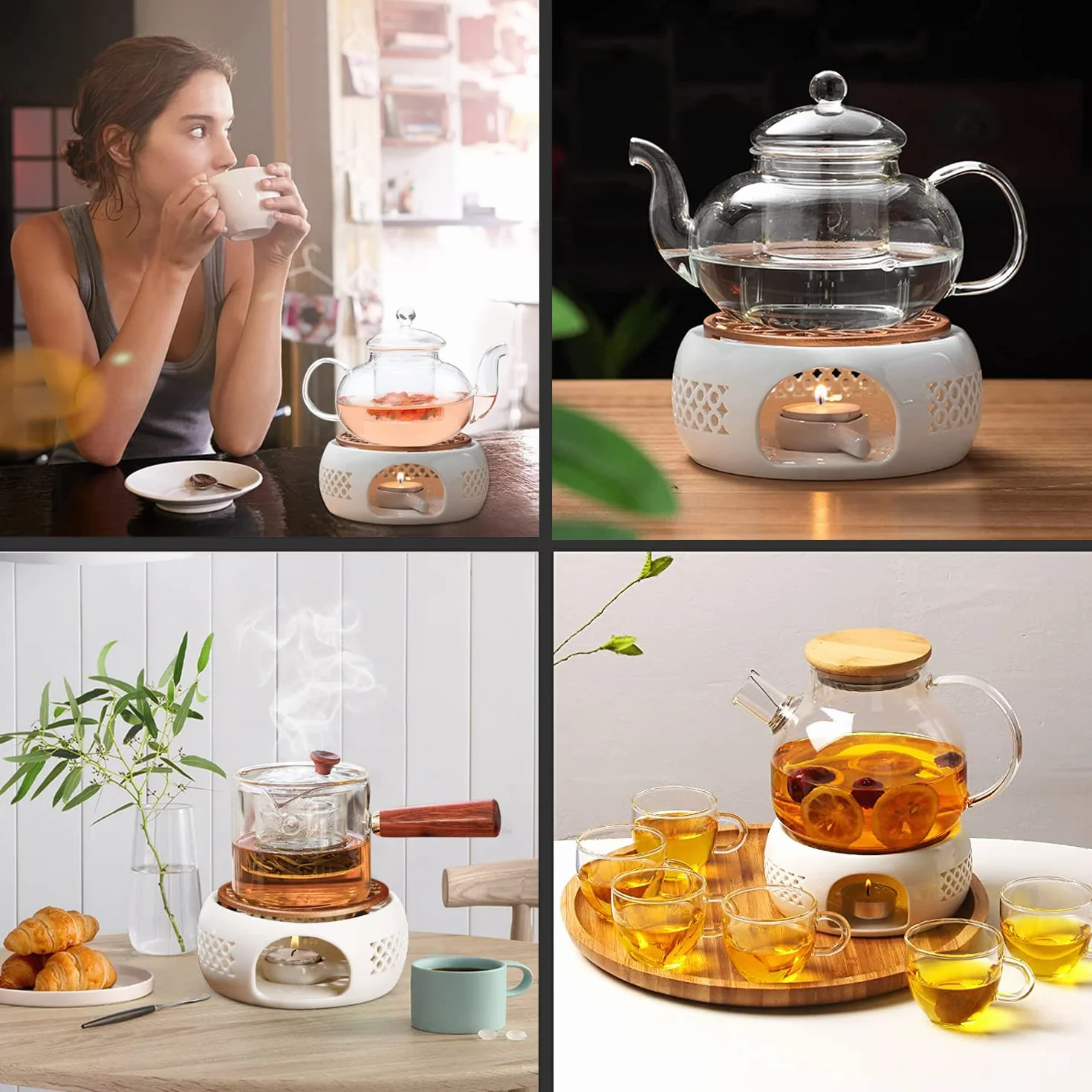 Calentador de Tetera de Porcelana con Cuchara y Tapete, Base Tallada Hueca para Té y Café, Blanco